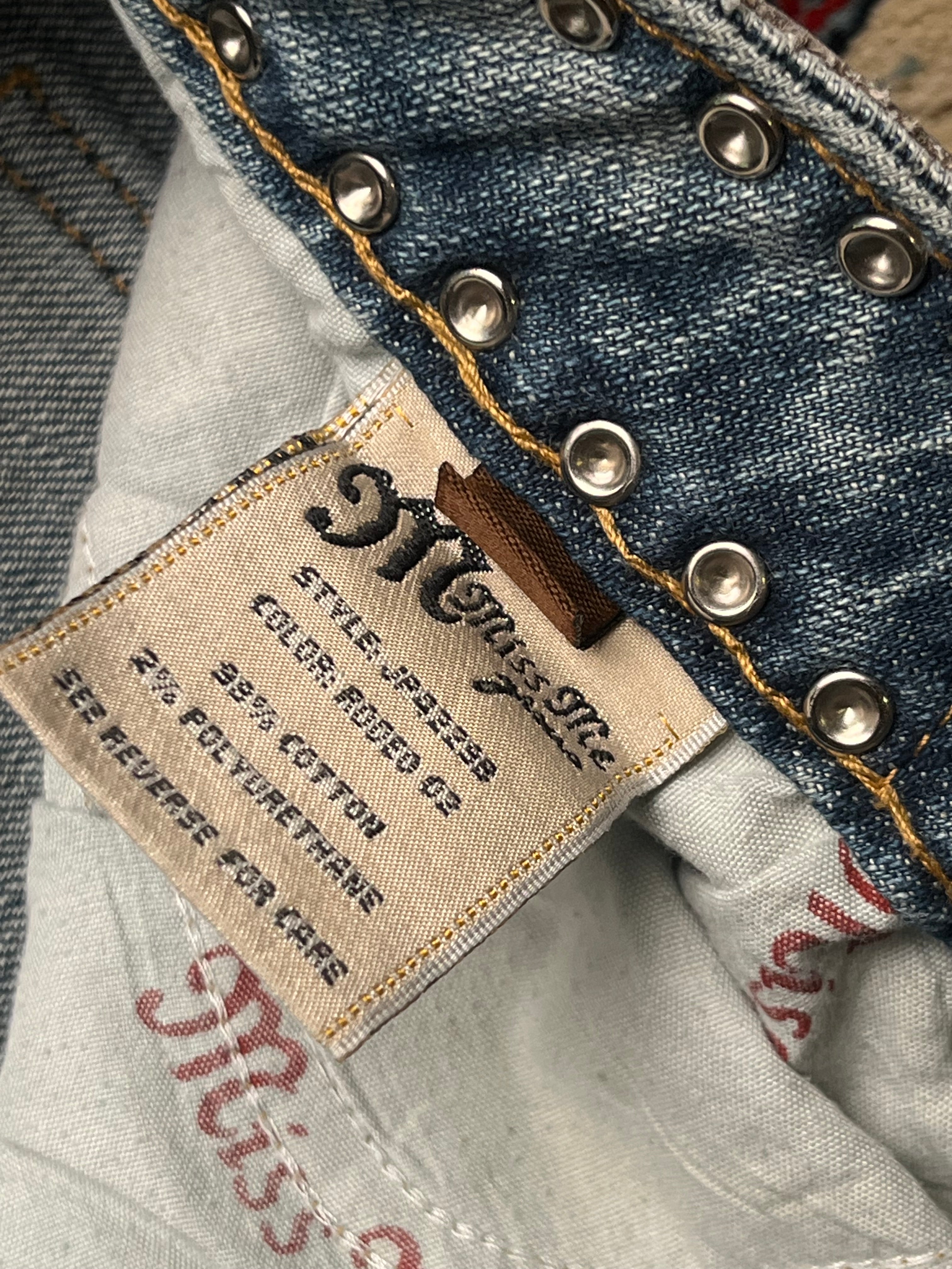 MISS ME Blue Denim Leopard Flap Pocket Rhinestone Stud Bootcut JEANS - 32