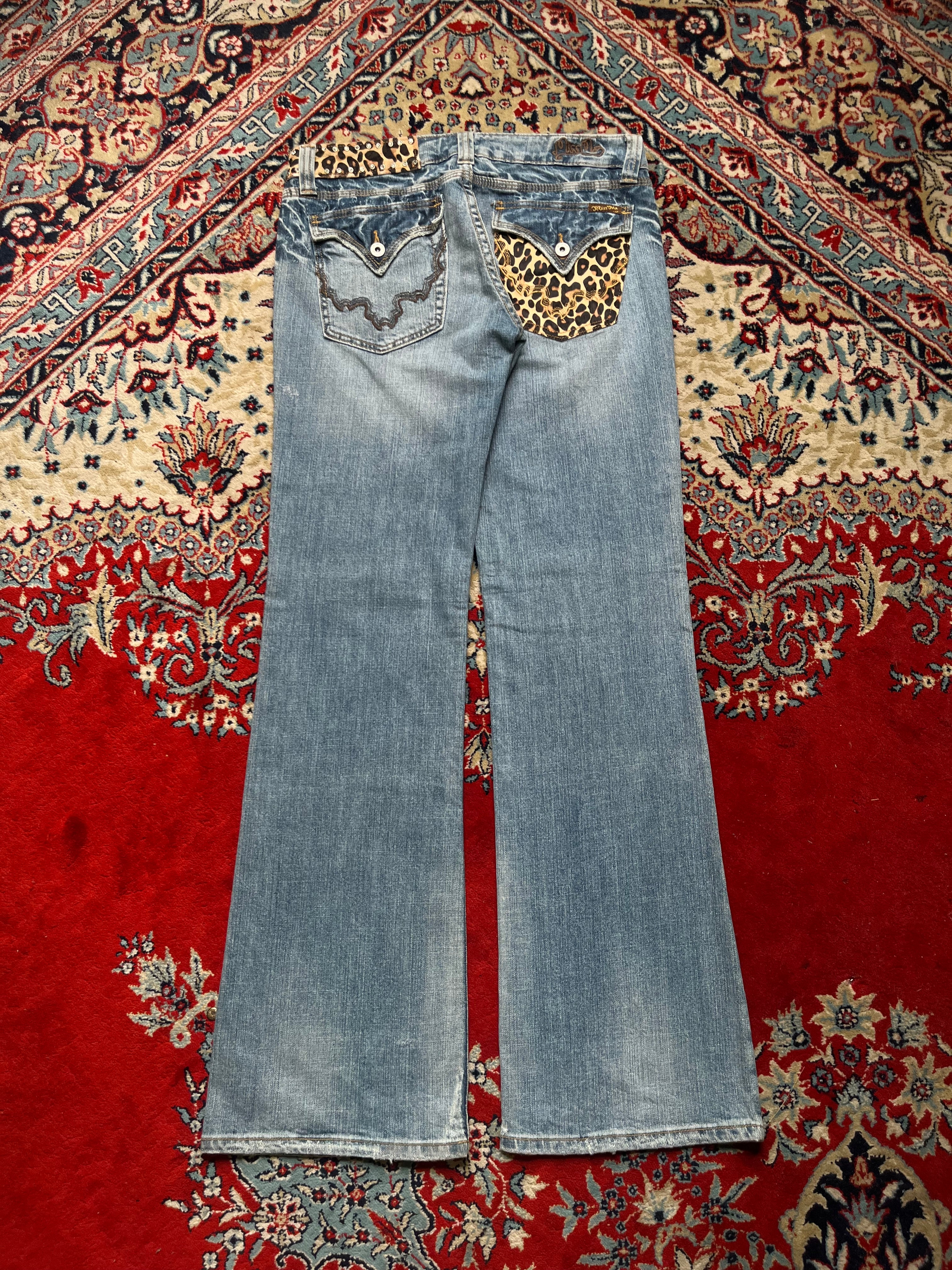 MISS ME Blue Denim Leopard Flap Pocket Rhinestone Stud Bootcut JEANS - 32