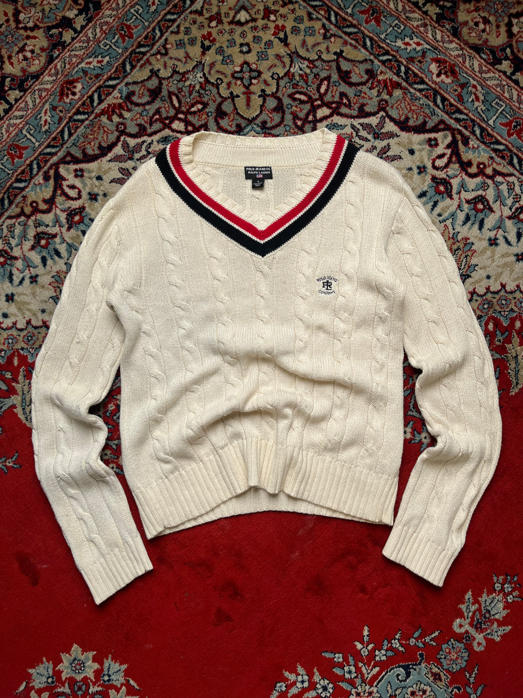 Vintage Polo Jeans Co Ralph Lauren Cream Cable Knit V-Neck Sweater - L