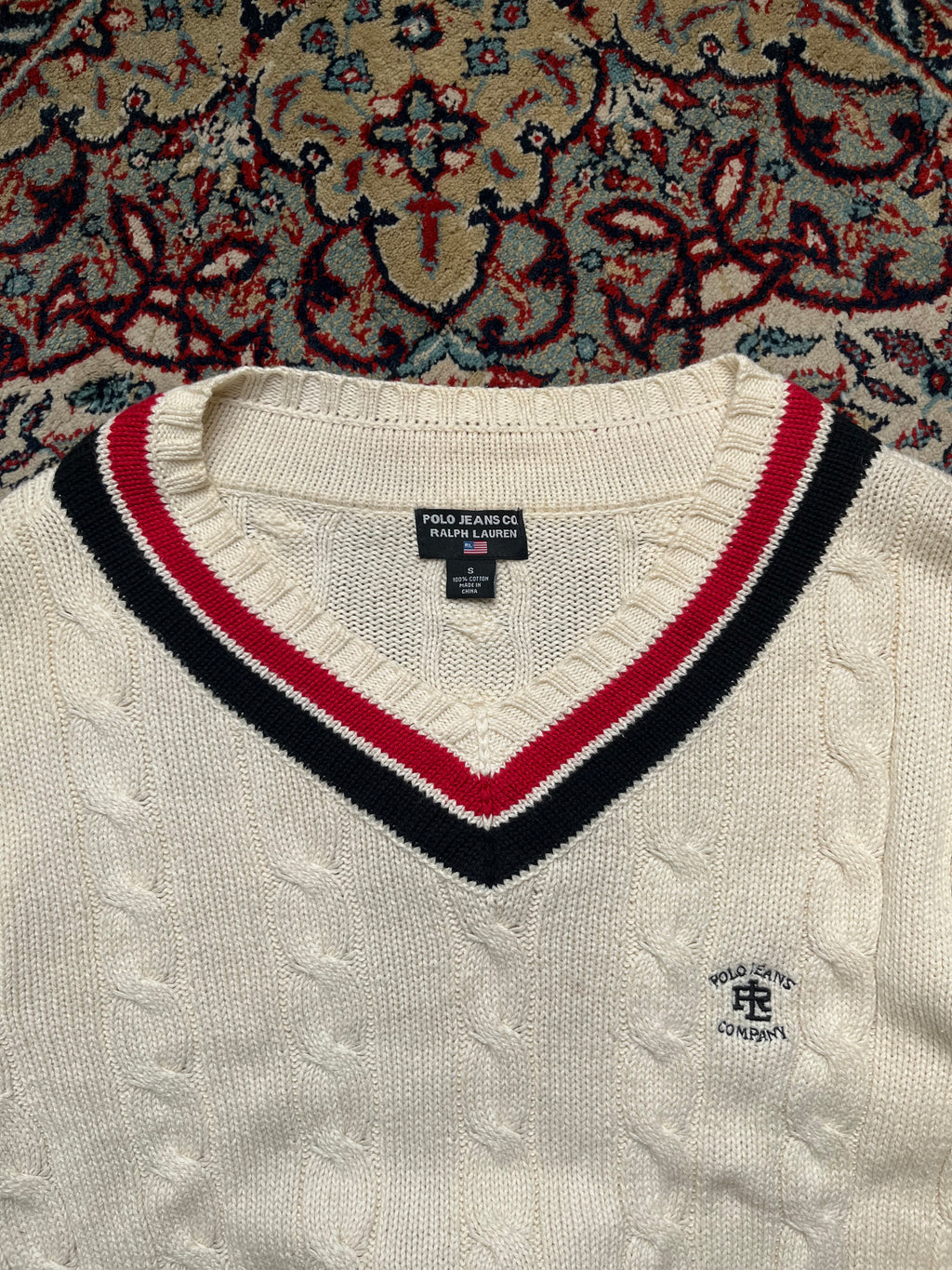 Vintage Polo Jeans Co Ralph Lauren Cream Cable Knit V-Neck Sweater - L