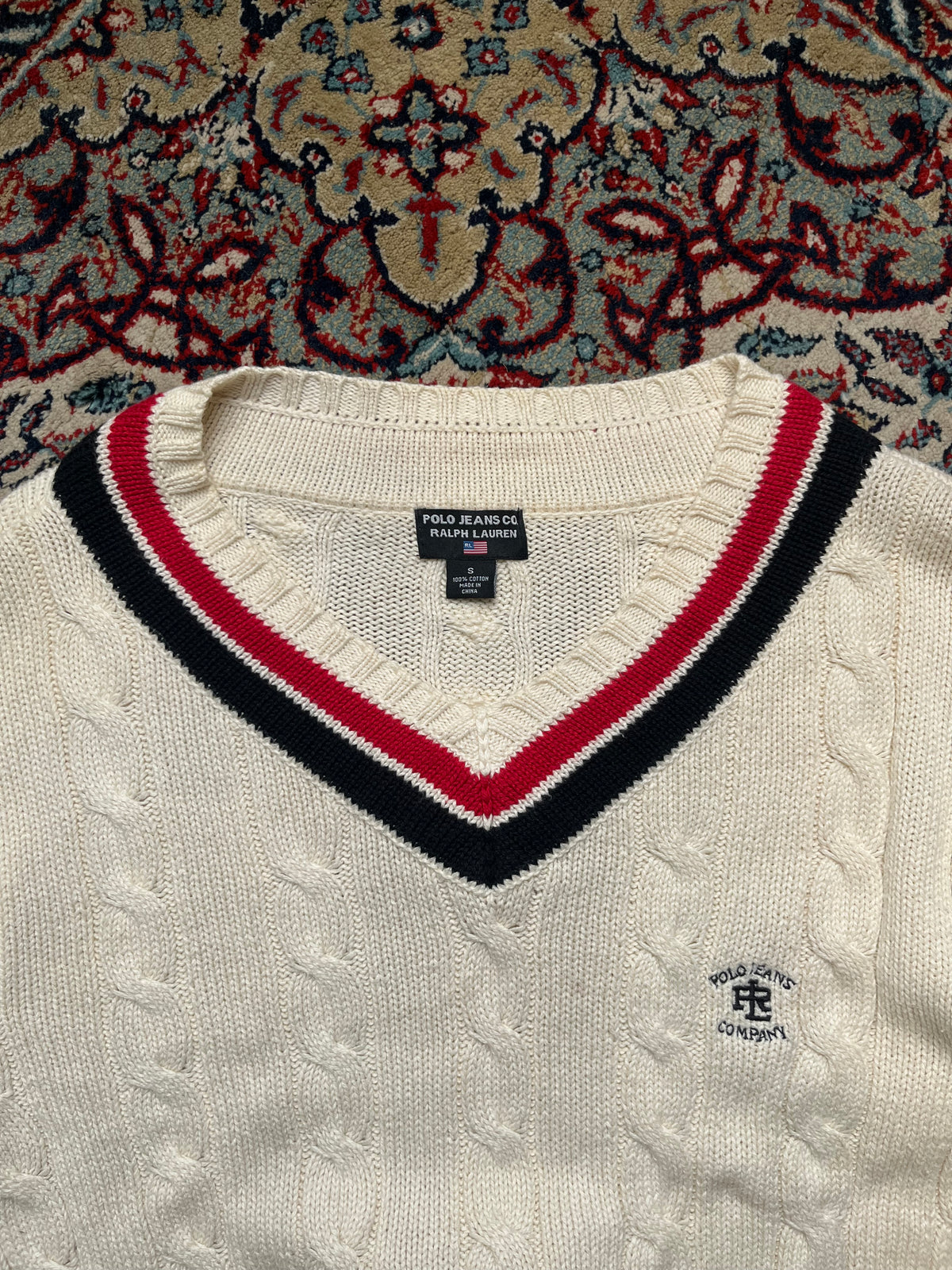 Vintage Polo Jeans Co Ralph Lauren Cream Cable Knit V-Neck Sweater - L