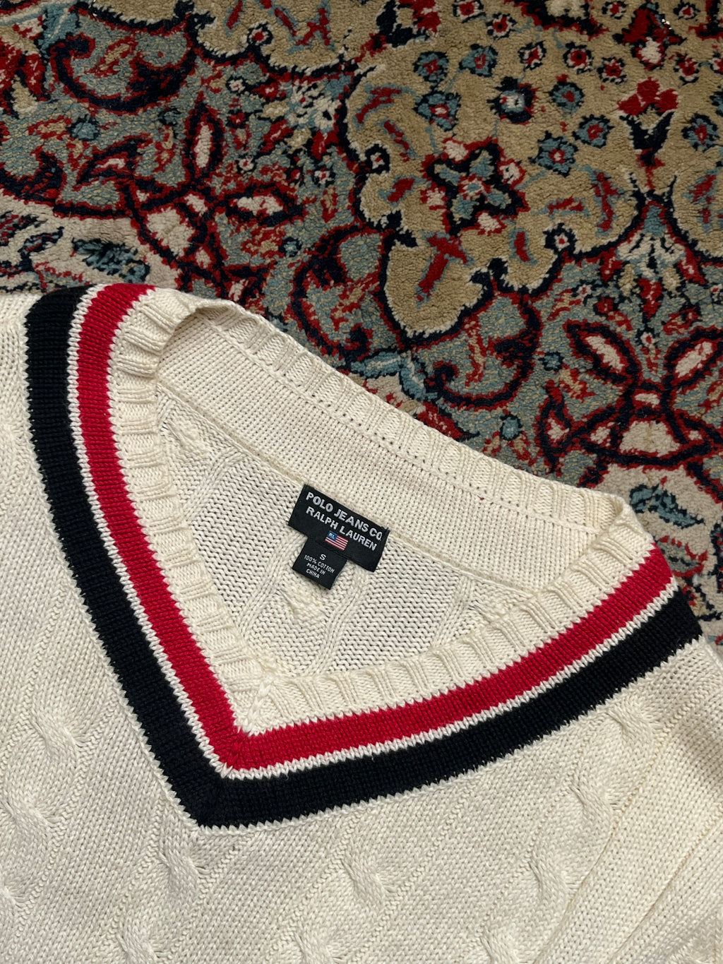 Vintage Polo Jeans Co Ralph Lauren Cream Cable Knit V-Neck Sweater - L