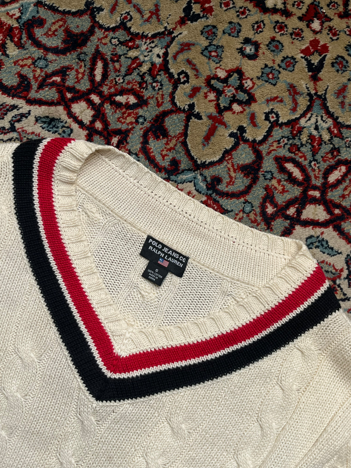 Vintage Polo Jeans Co Ralph Lauren Cream Cable Knit V-Neck Sweater - L