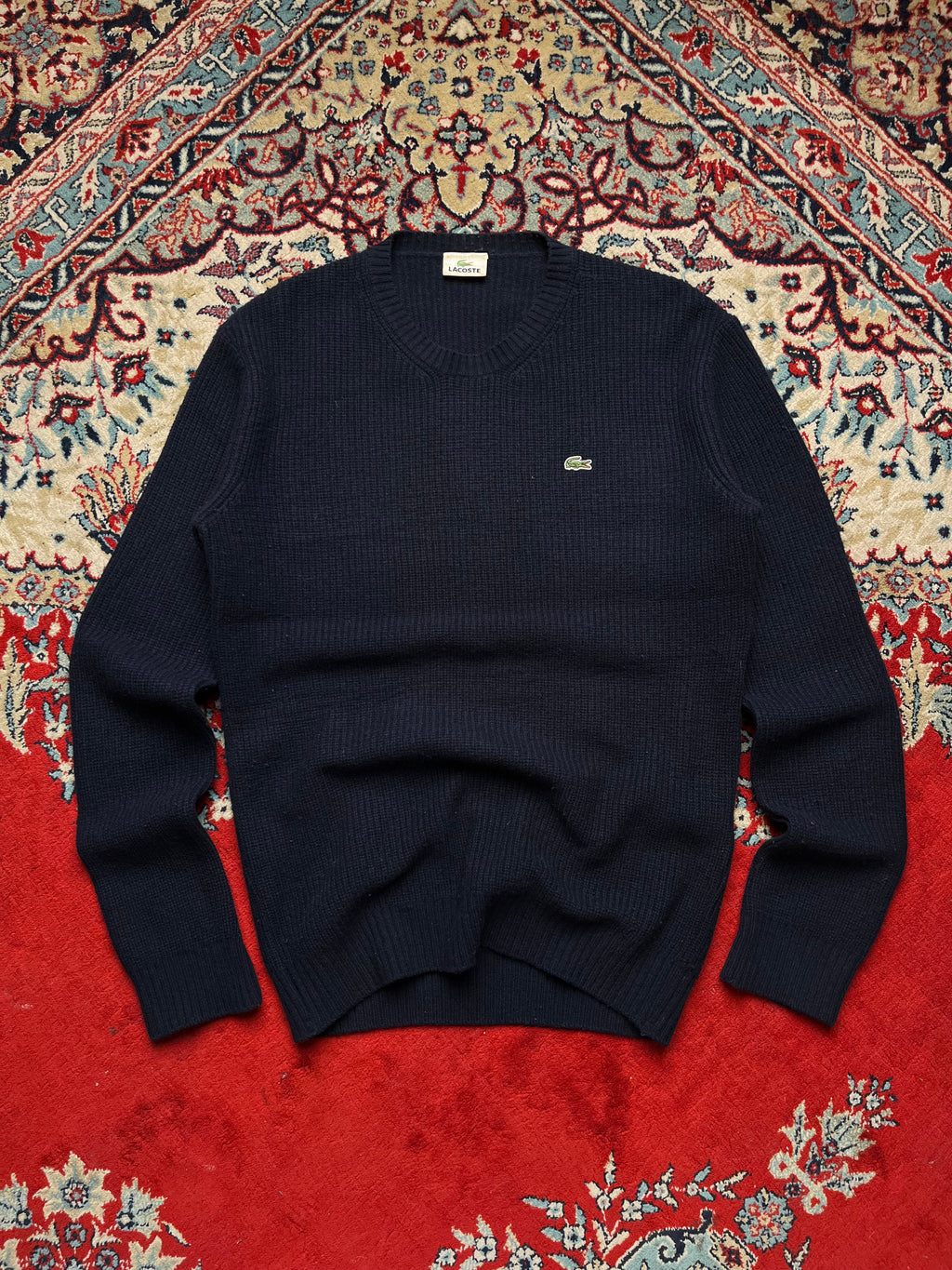 Vintage Lacoste Navy Blue Ribbed Knit Slim Fit Crewneck Sweater - L