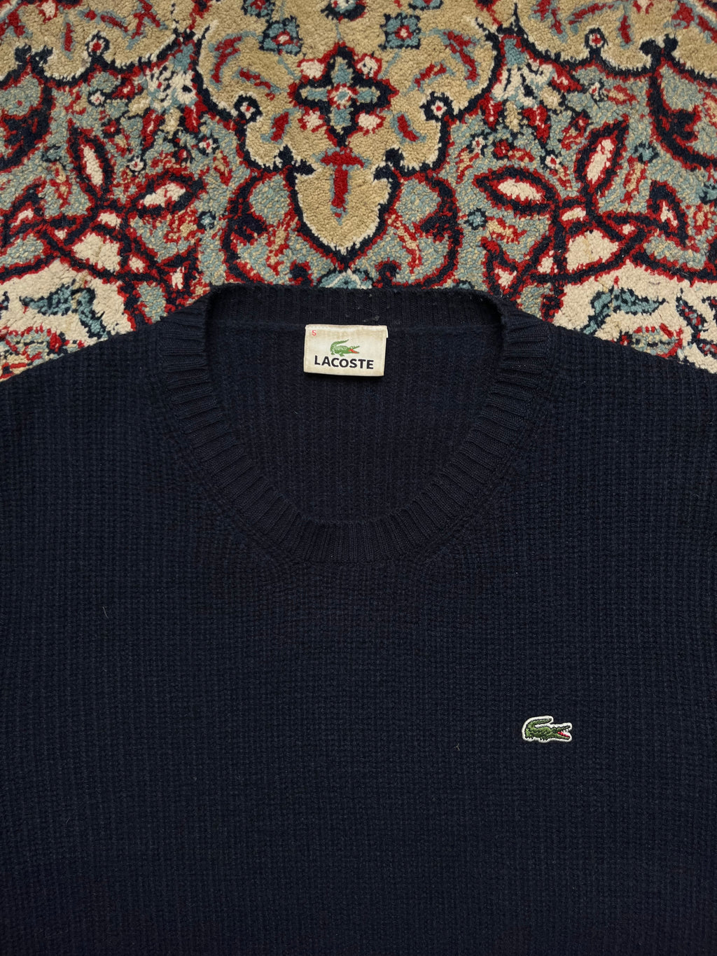 Vintage Lacoste Navy Blue Ribbed Knit Slim Fit Crewneck Sweater - L