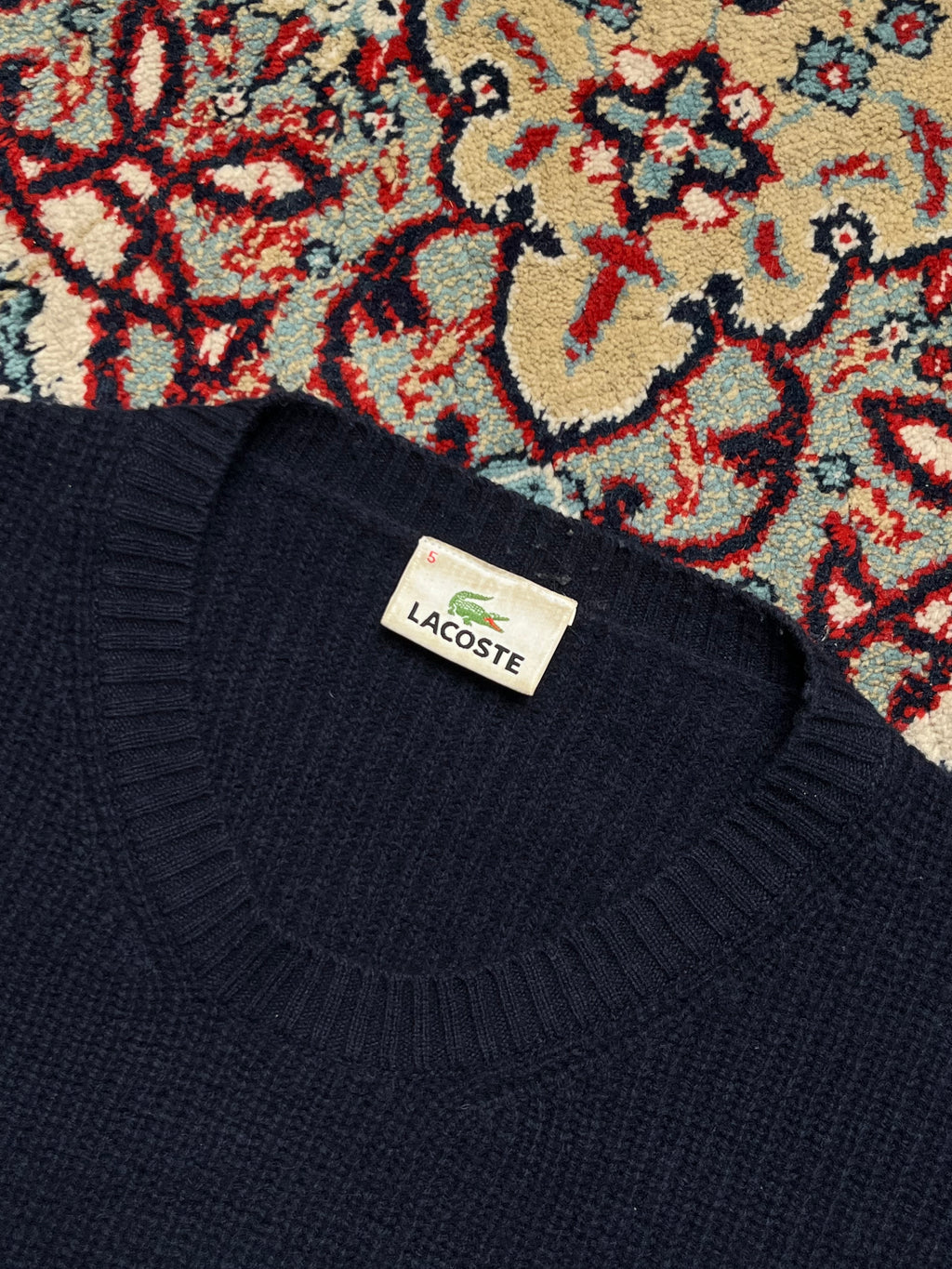 Vintage Lacoste Navy Blue Ribbed Knit Slim Fit Crewneck Sweater - L