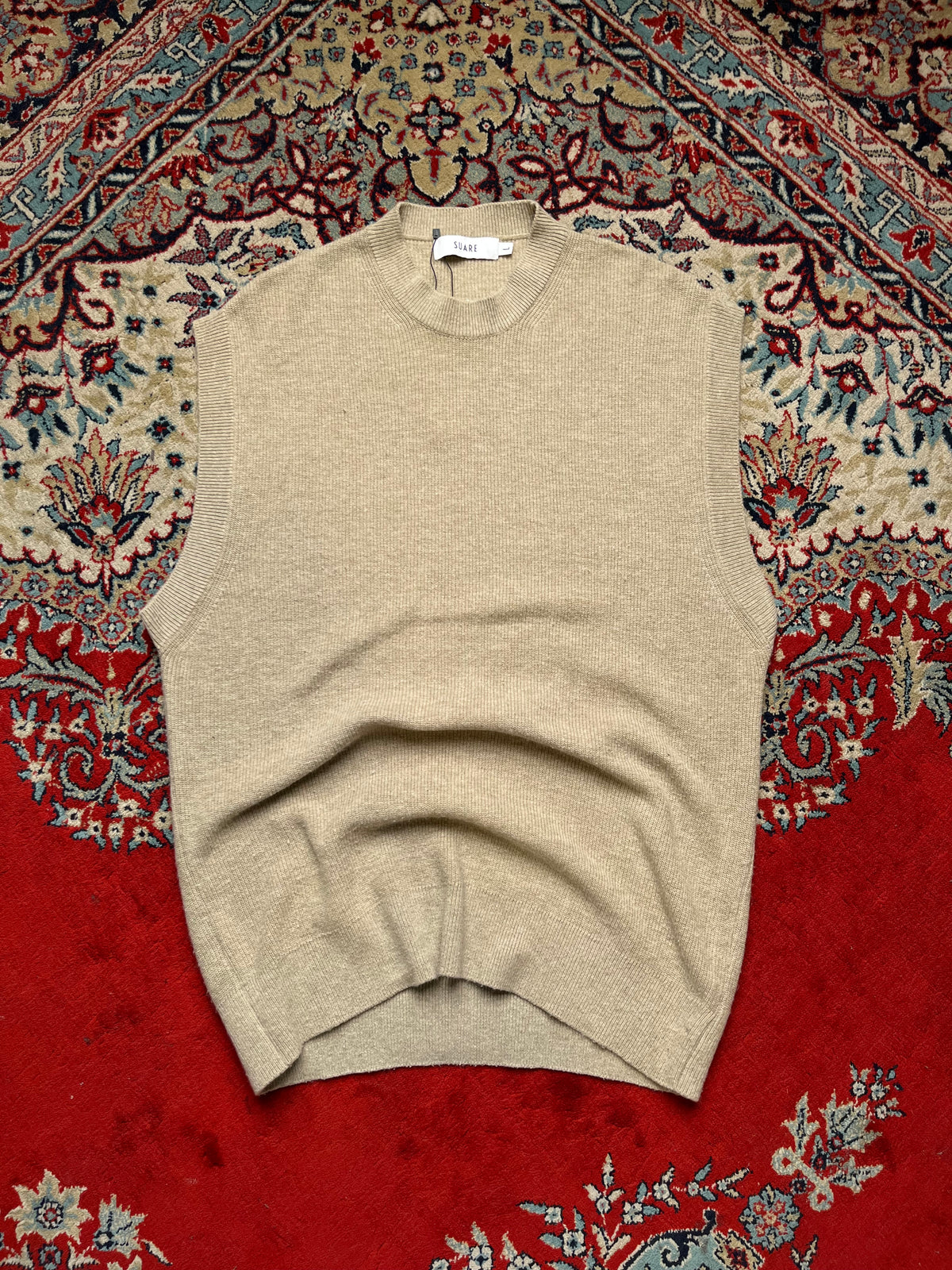 SUARE Beige Crewneck Ribbed Sleeveless Knit Sweater - L