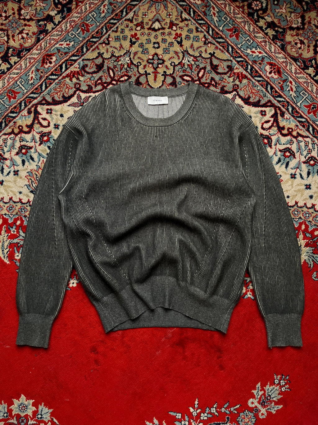LEMARD Two Tone Charcoal Grey Ribbed Knit Crewneck Sweater - L