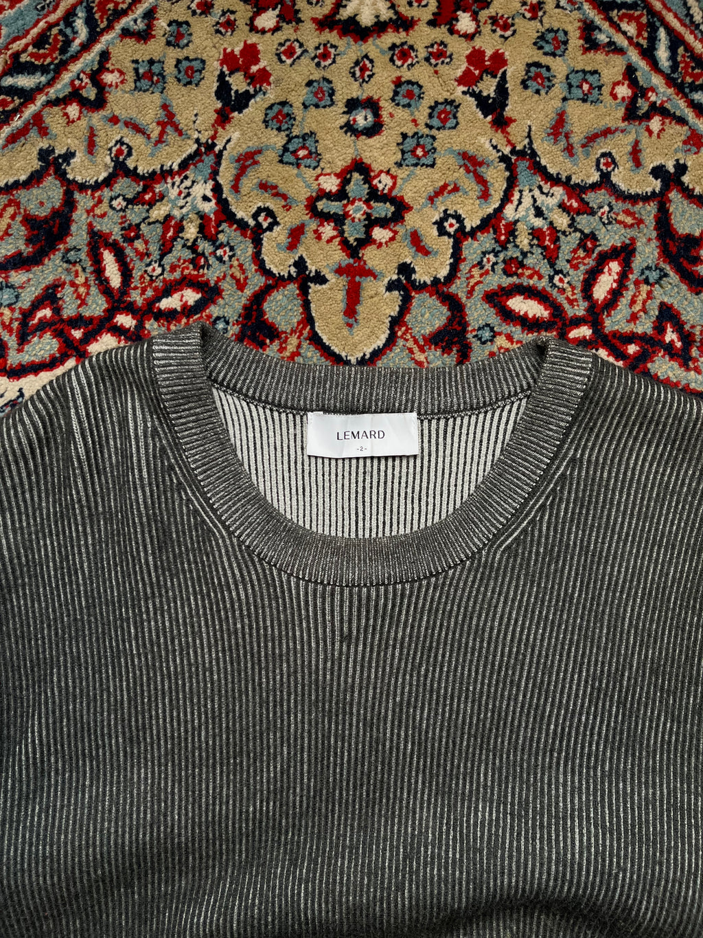 LEMARD Two Tone Charcoal Grey Ribbed Knit Crewneck Sweater - L