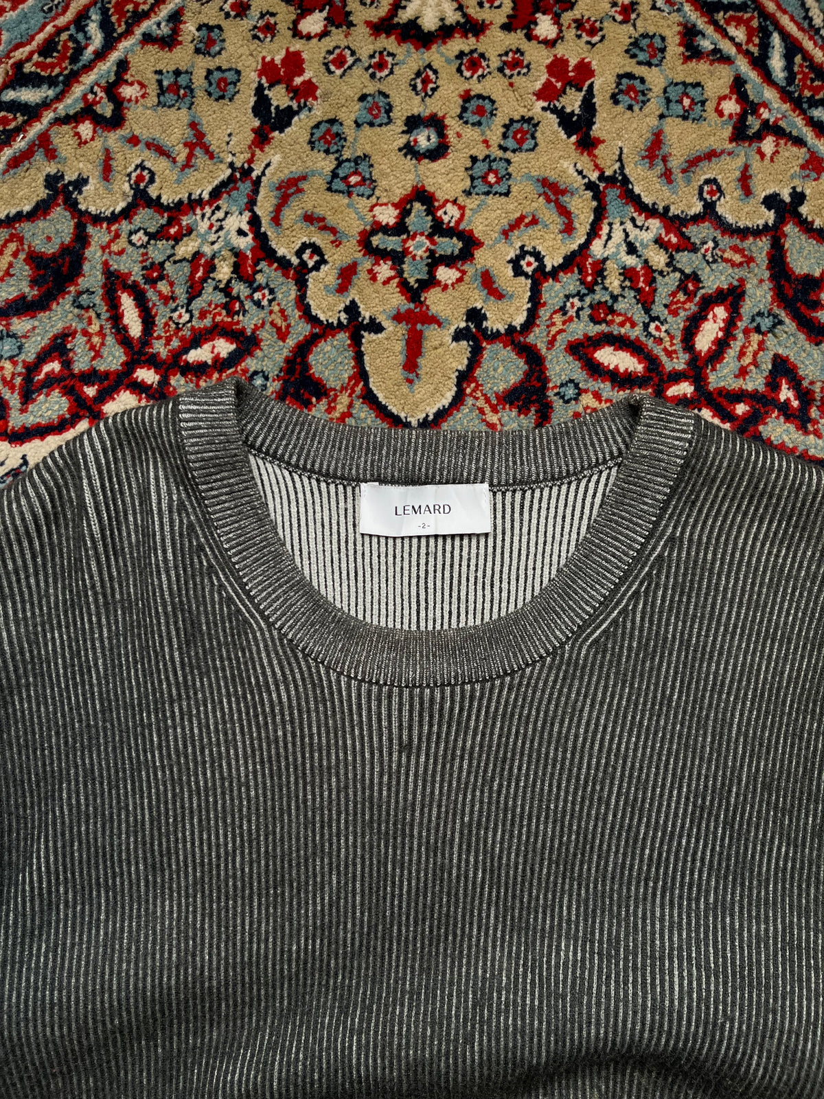 LEMARD Two Tone Charcoal Grey Ribbed Knit Crewneck Sweater - L