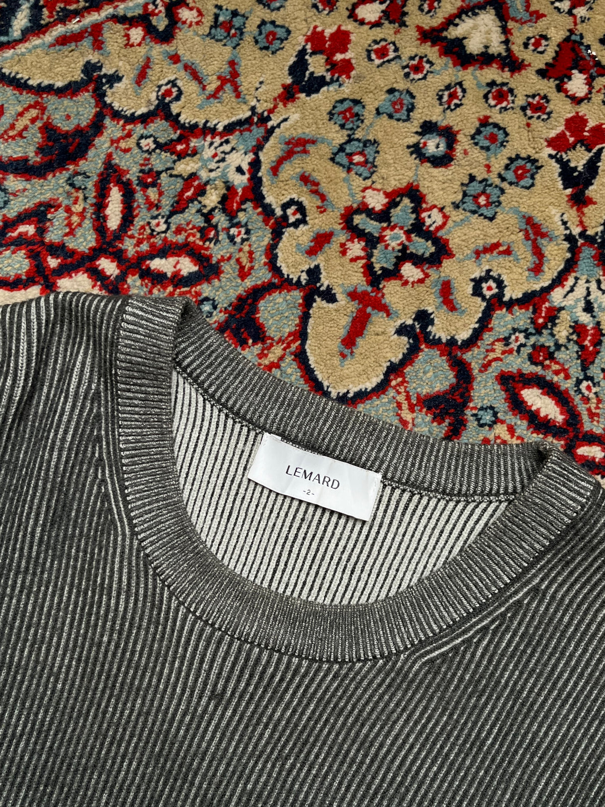 LEMARD Two Tone Charcoal Grey Ribbed Knit Crewneck Sweater - L