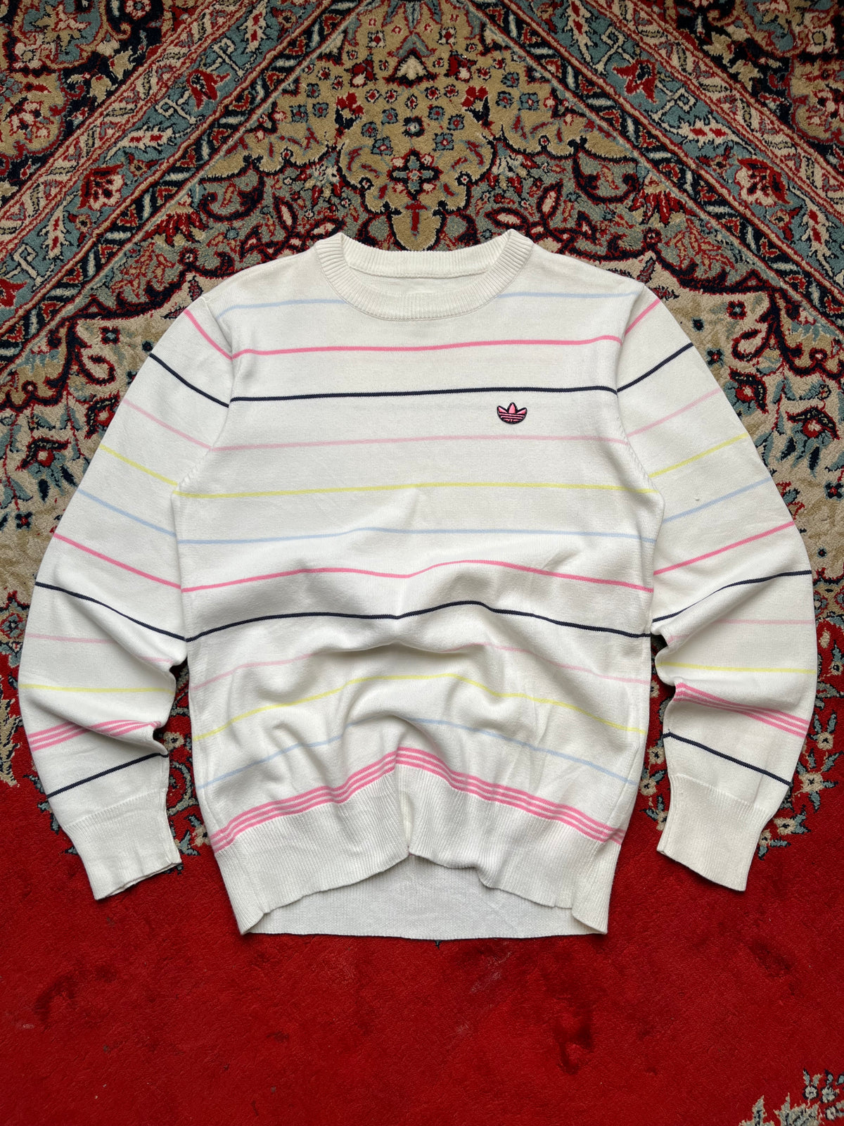 Vintage Adidas Originals Trefoil White Pastel Striped Knit Crewneck Sweater - M