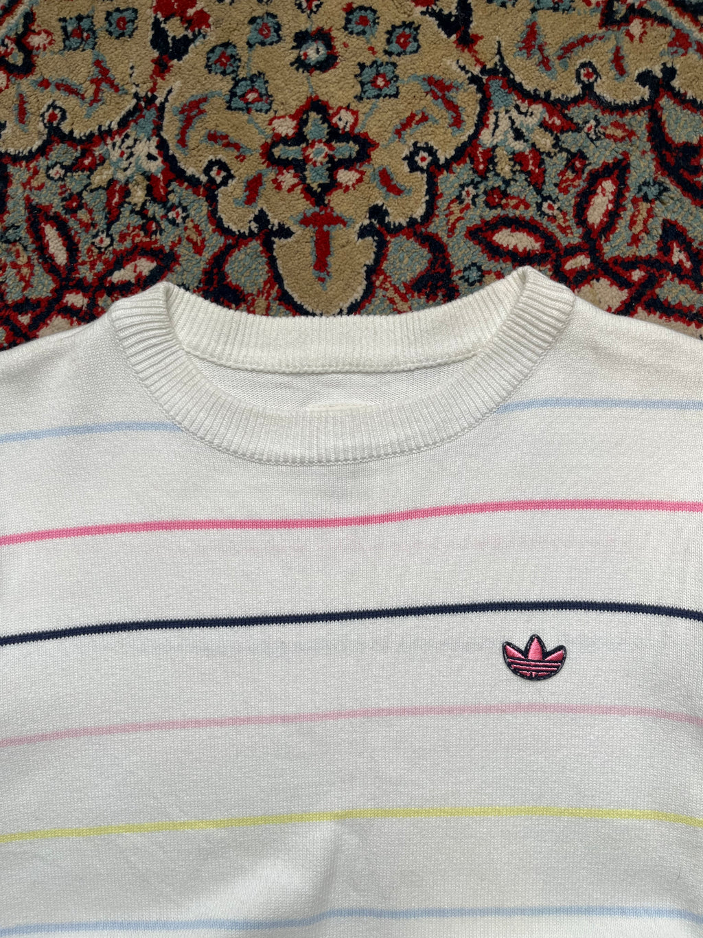 Vintage Adidas Originals Trefoil White Pastel Striped Knit Crewneck Sweater - M