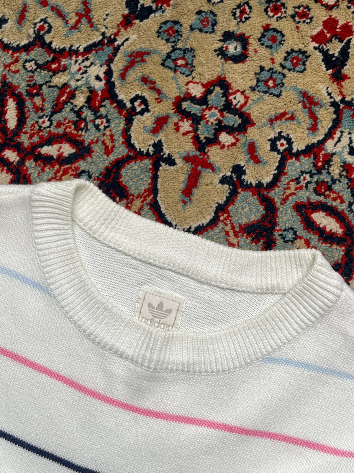 Vintage Adidas Originals Trefoil White Pastel Striped Knit Crewneck Sweater - M