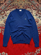 LACOSTE Royal Blue Wool V-Neck Classic Knit Sweater - M