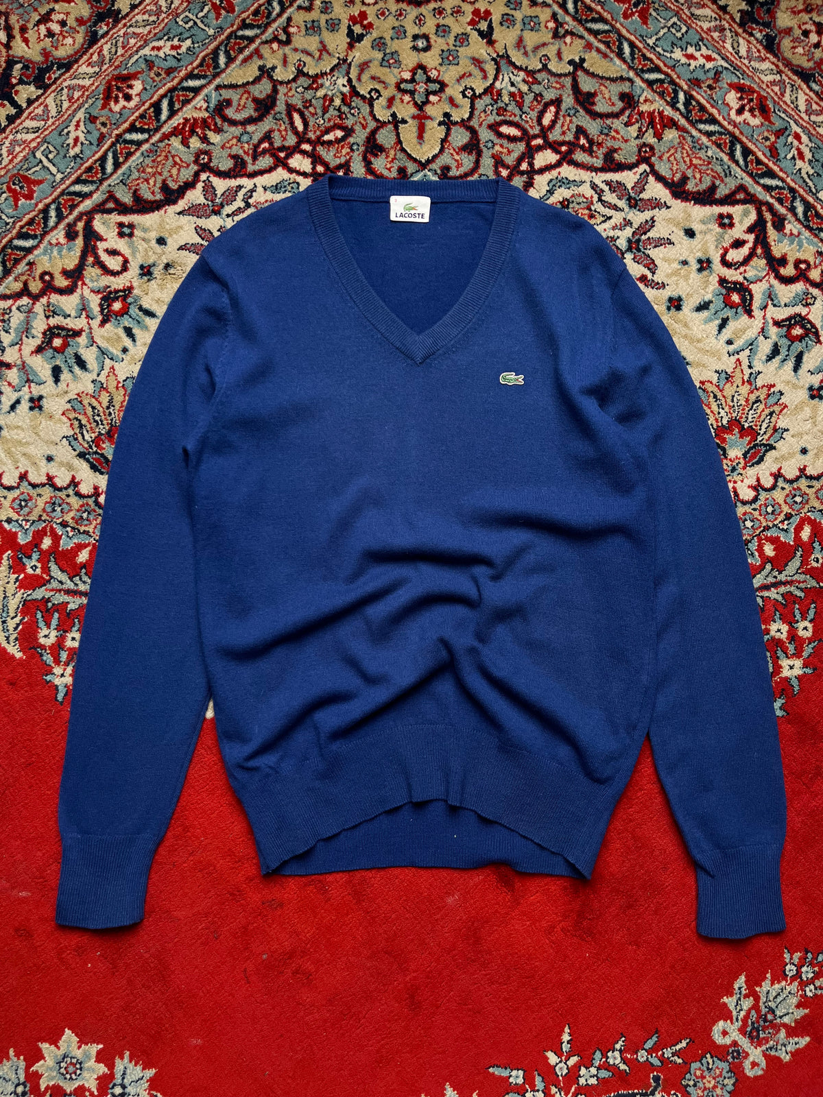 LACOSTE Royal Blue Wool V-Neck Classic Knit Sweater - M