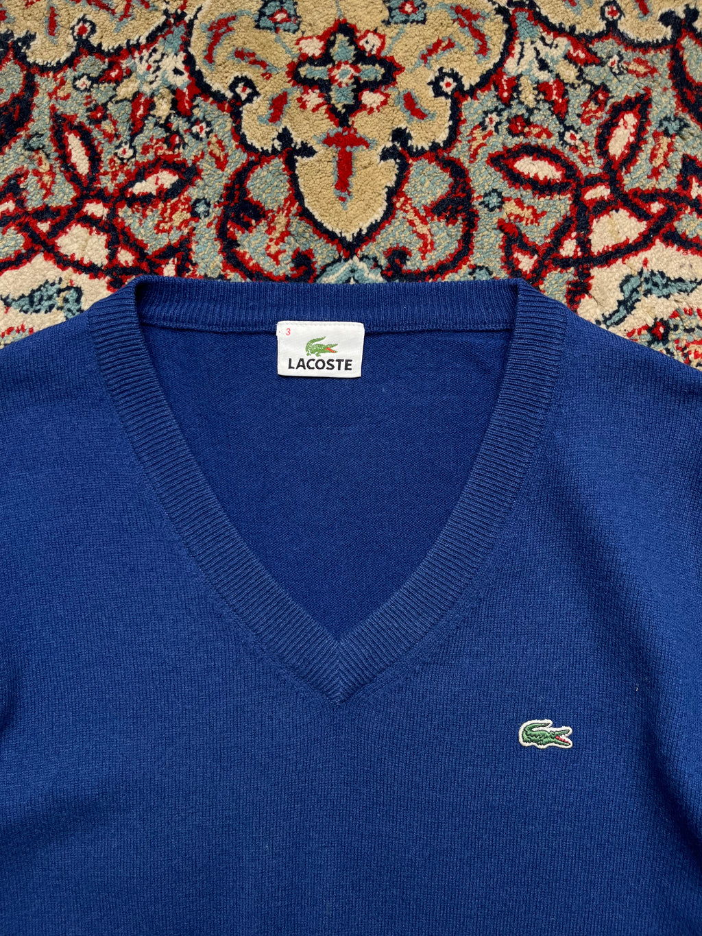 LACOSTE Royal Blue Wool V-Neck Classic Knit Sweater - M