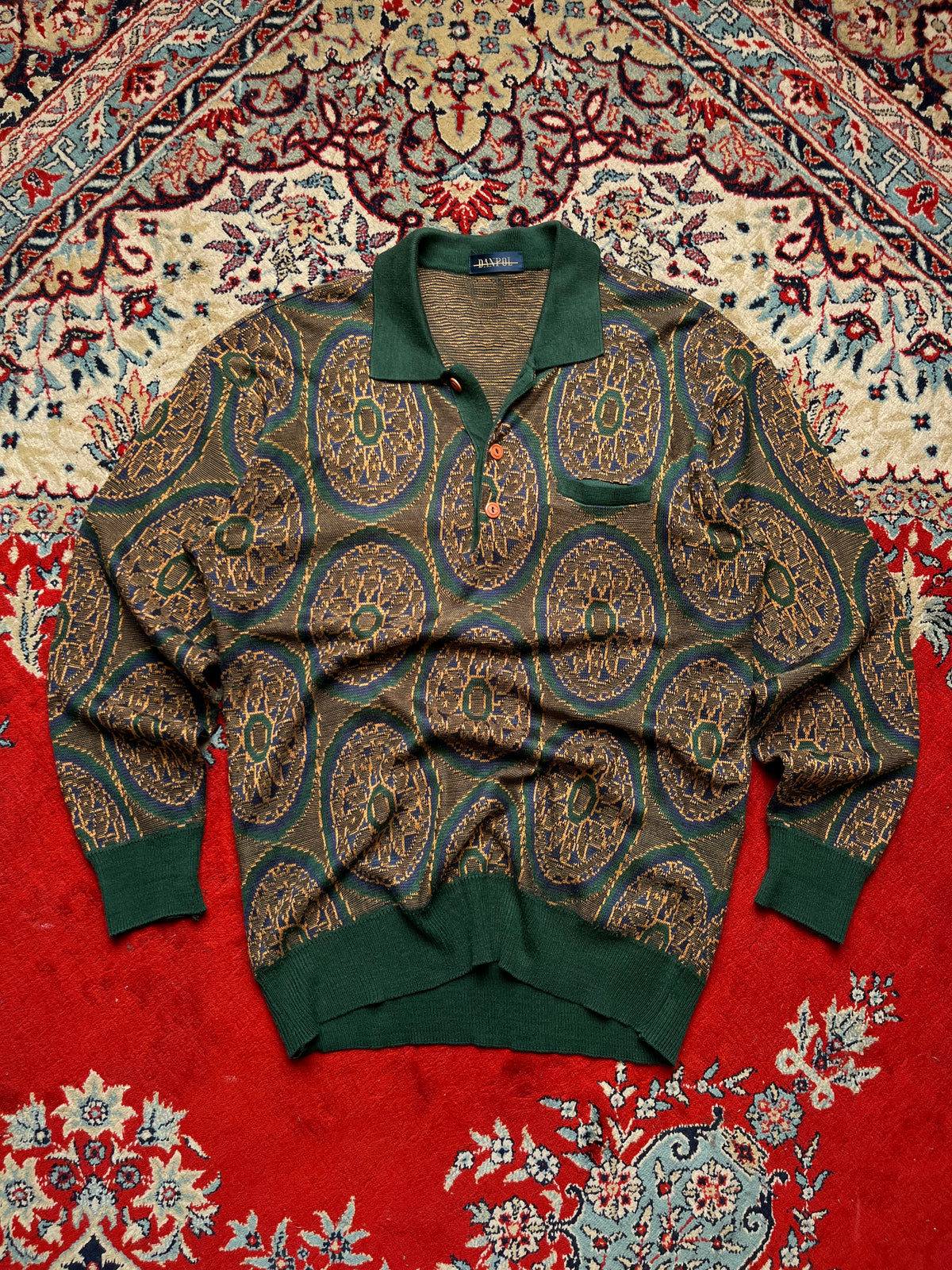 Vintage DANPOL Green Geometric Medallion Print Polo Collar Knit Sweater - M