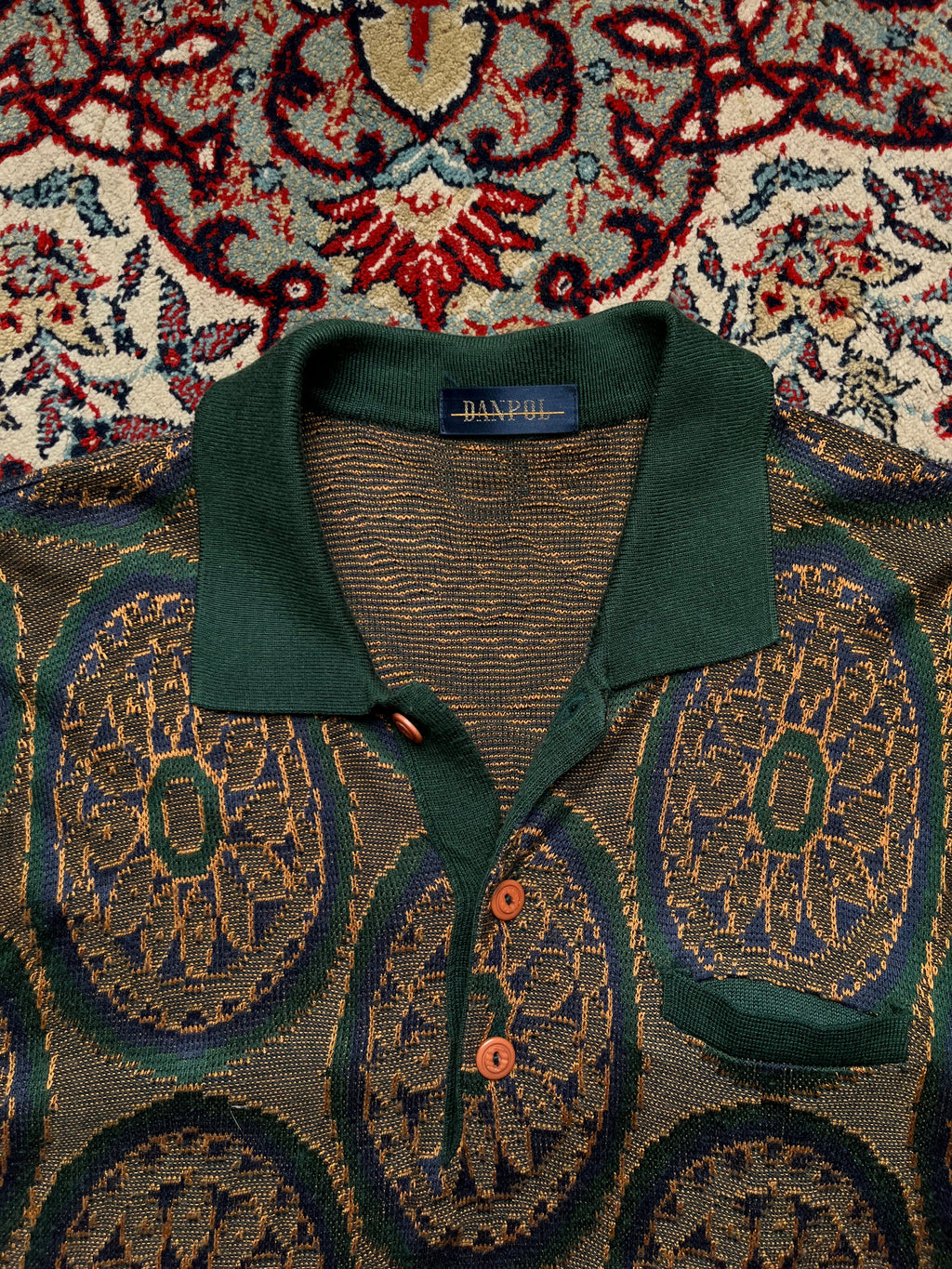 Vintage DANPOL Green Geometric Medallion Print Polo Collar Knit Sweater - M