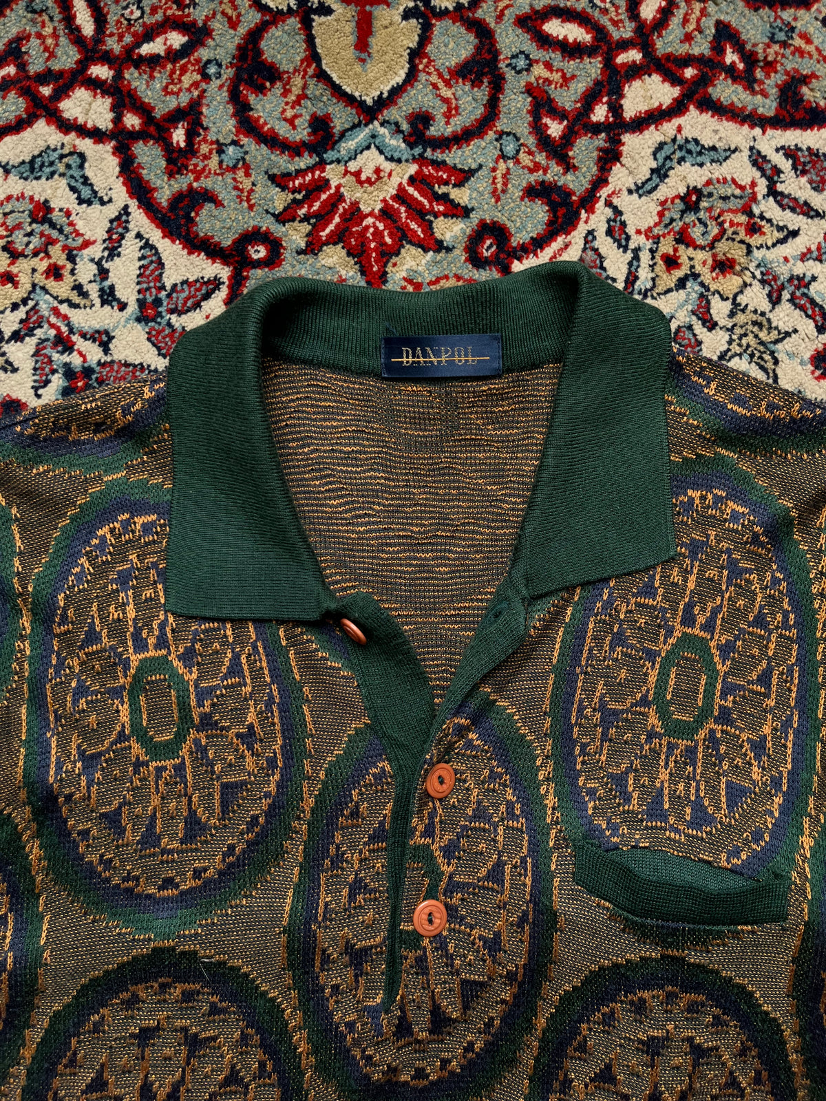 Vintage DANPOL Green Geometric Medallion Print Polo Collar Knit Sweater - M