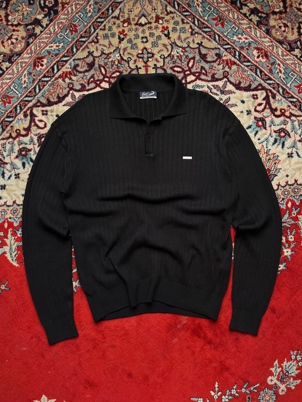Vintage CROCODILE ORIGINAL Black Ribbed Polo Collar Knit Sweater - M