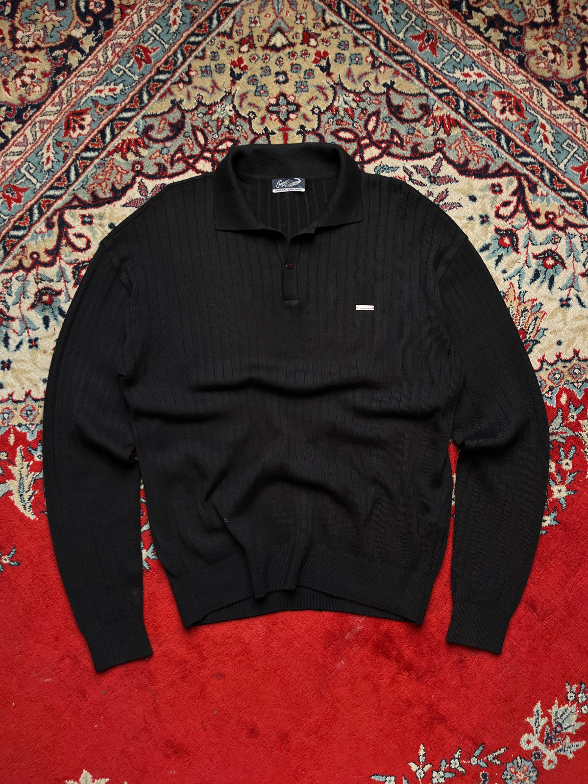 Vintage CROCODILE ORIGINAL Black Ribbed Polo Collar Knit Sweater - M