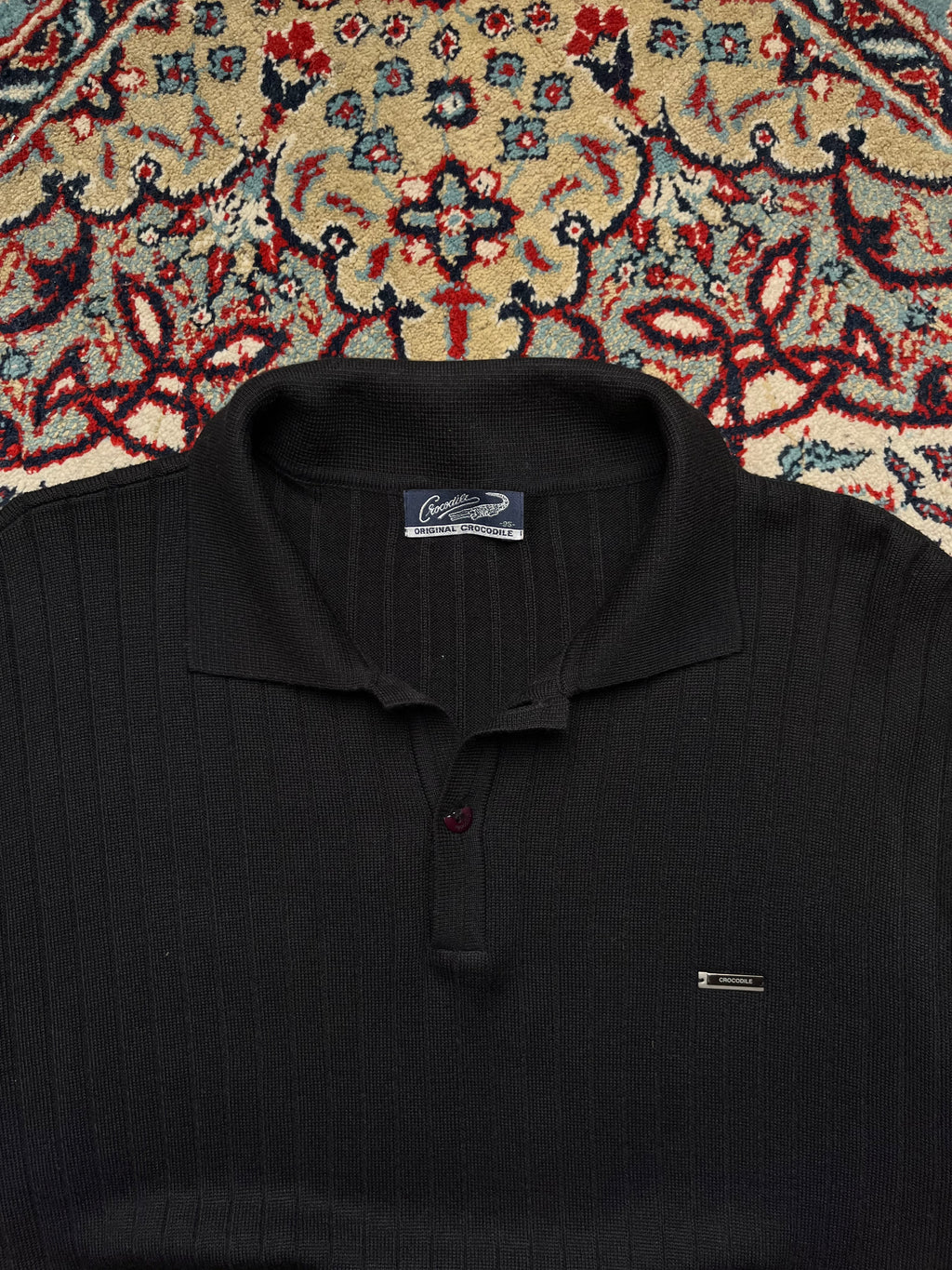 Vintage CROCODILE ORIGINAL Black Ribbed Polo Collar Knit Sweater - M