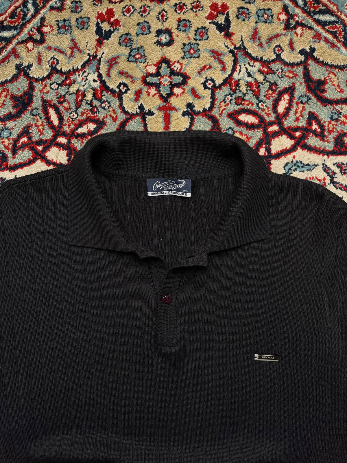 Vintage CROCODILE ORIGINAL Black Ribbed Polo Collar Knit Sweater - M