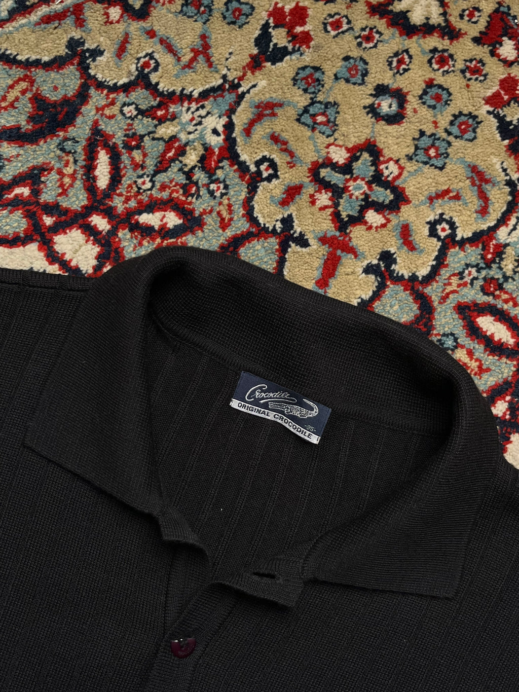 Vintage CROCODILE ORIGINAL Black Ribbed Polo Collar Knit Sweater - M