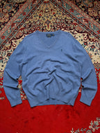 POLO RALPH LAUREN Light Blue Pima Cotton V-Neck Knit Sweater - M