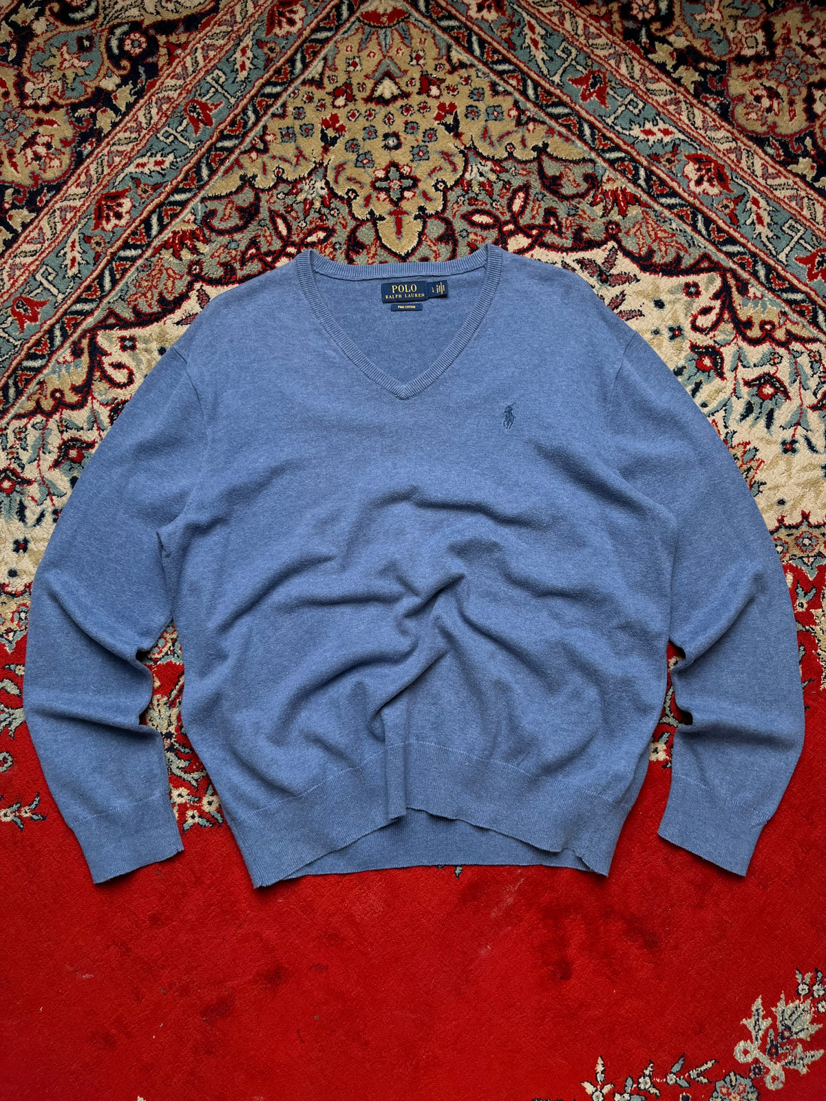 POLO RALPH LAUREN Light Blue Pima Cotton V-Neck Knit Sweater - M
