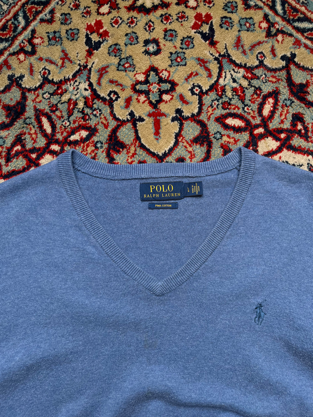 POLO RALPH LAUREN Light Blue Pima Cotton V-Neck Knit Sweater - M