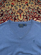 POLO RALPH LAUREN Light Blue Pima Cotton V-Neck Knit Sweater - M