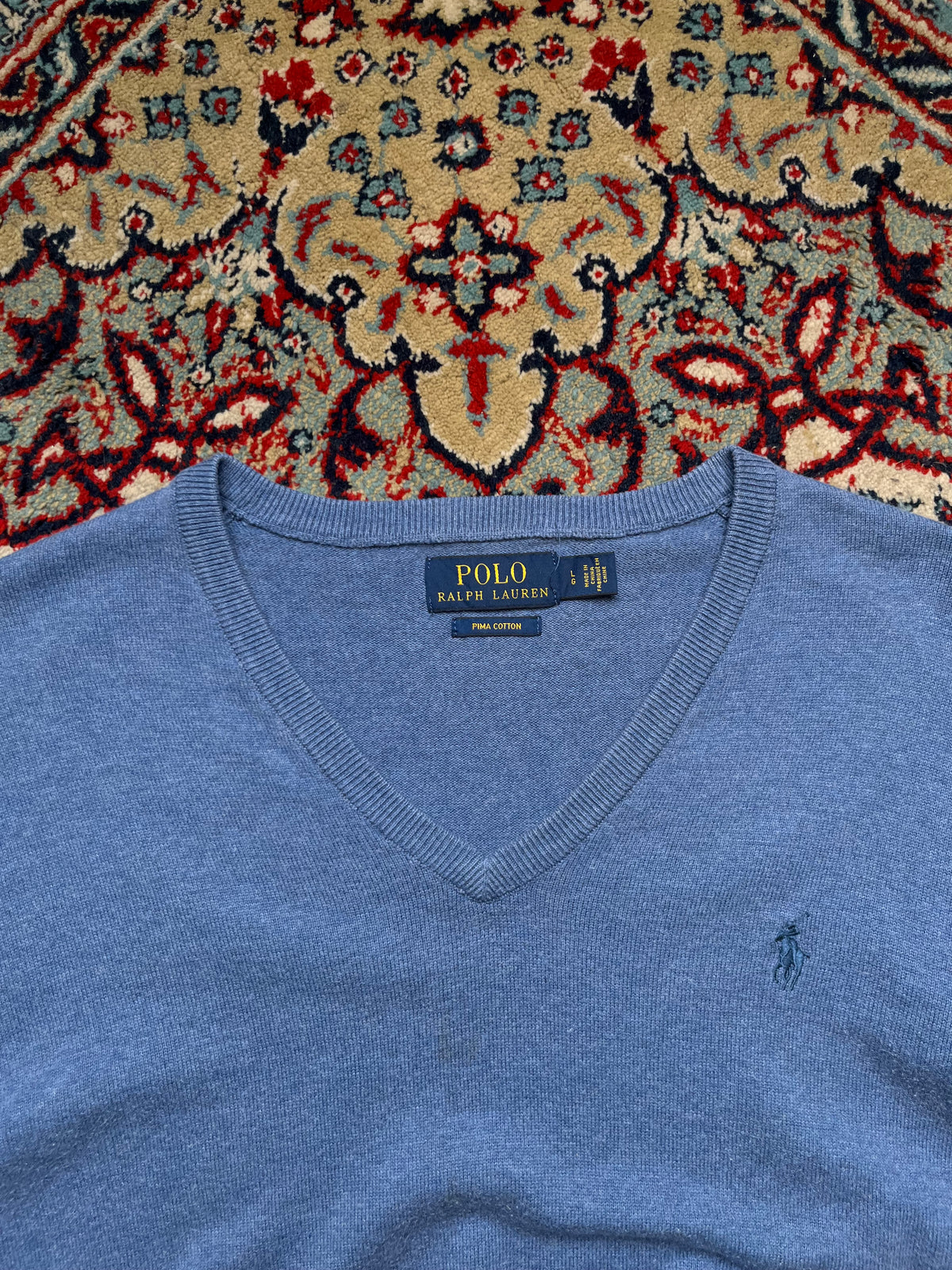 POLO RALPH LAUREN Light Blue Pima Cotton V-Neck Knit Sweater - M
