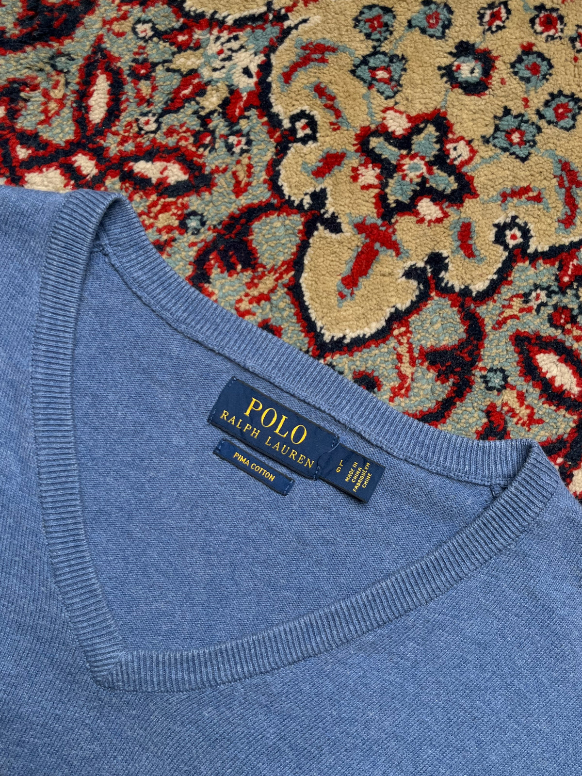 POLO RALPH LAUREN Light Blue Pima Cotton V-Neck Knit Sweater - M