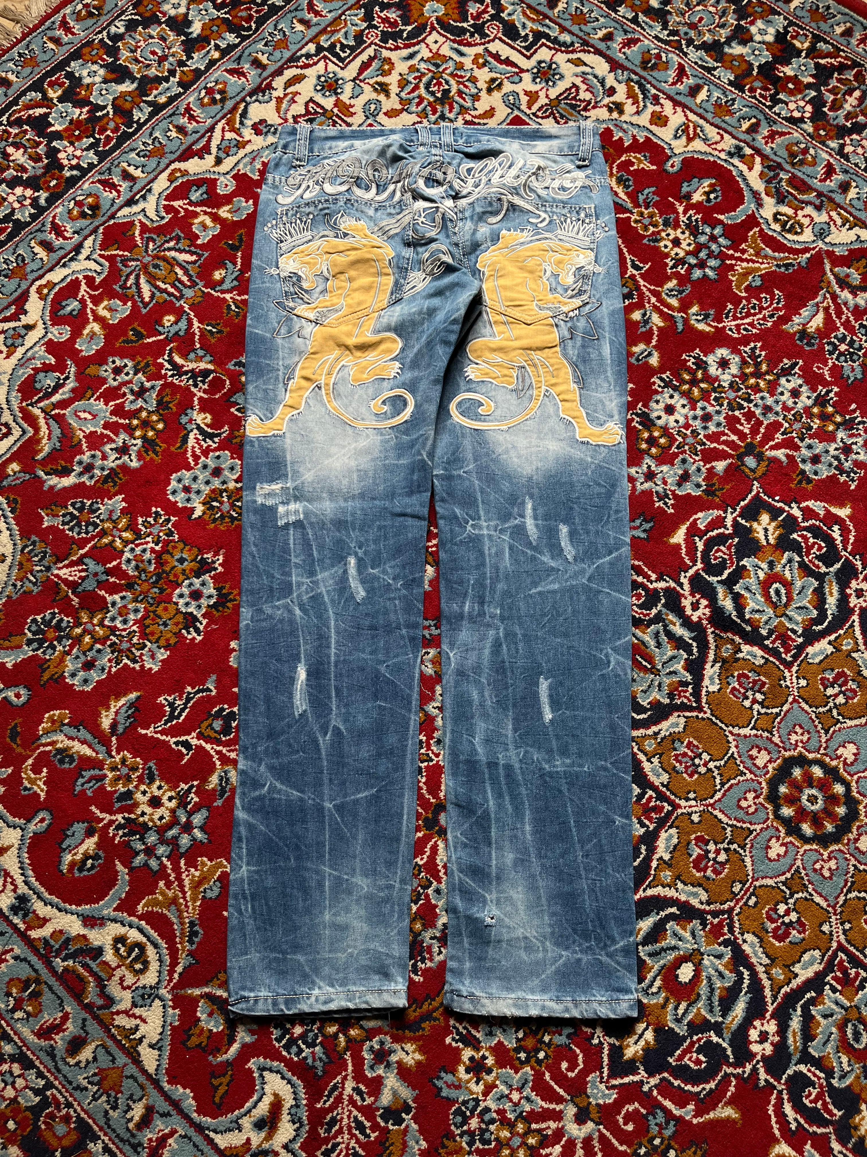 Kosmo Lupo K&M Distressed Embroidered Panther Graphic JEANS - 32