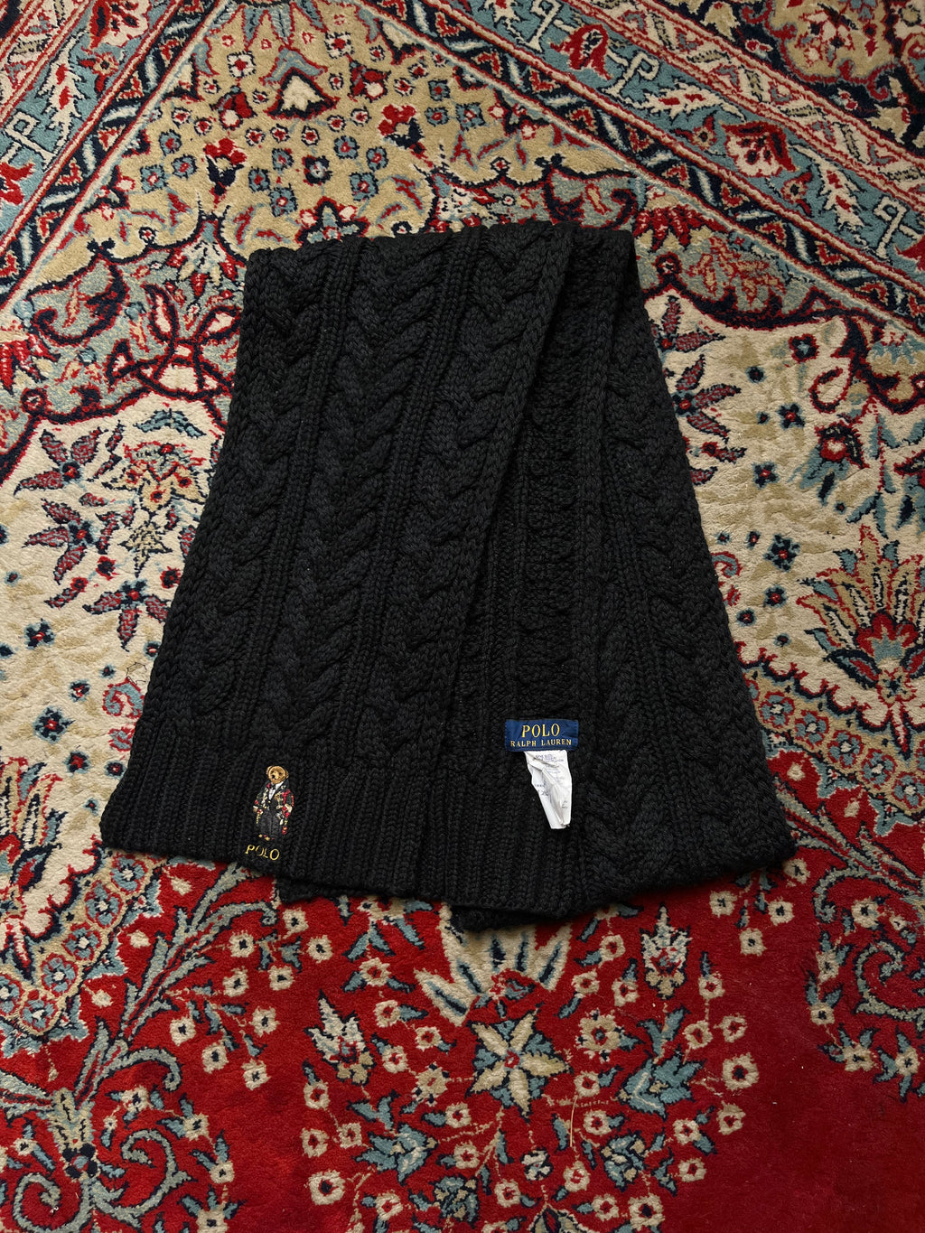 Polo Ralph Lauren Embroidered Tuxedo Polo Bear Black Knit Scarf