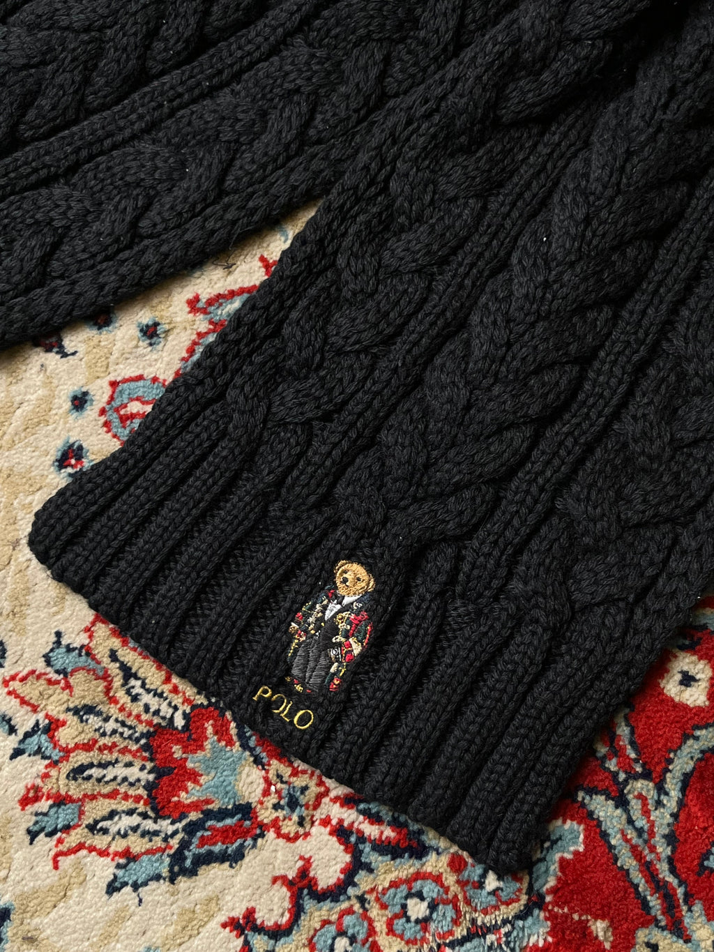 Polo Ralph Lauren Embroidered Tuxedo Polo Bear Black Knit Scarf