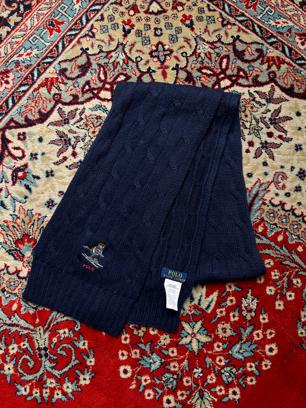 Polo Ralph Lauren Embroidered Ski Bear Navy Blue Knit Scarf