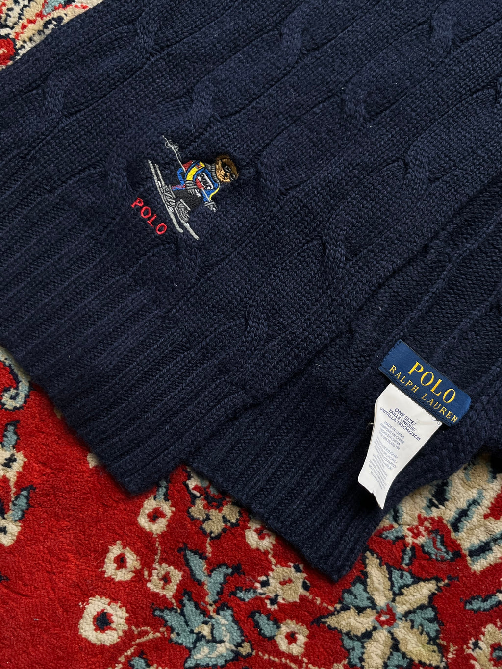 Polo Ralph Lauren Embroidered Ski Bear Navy Blue Knit Scarf