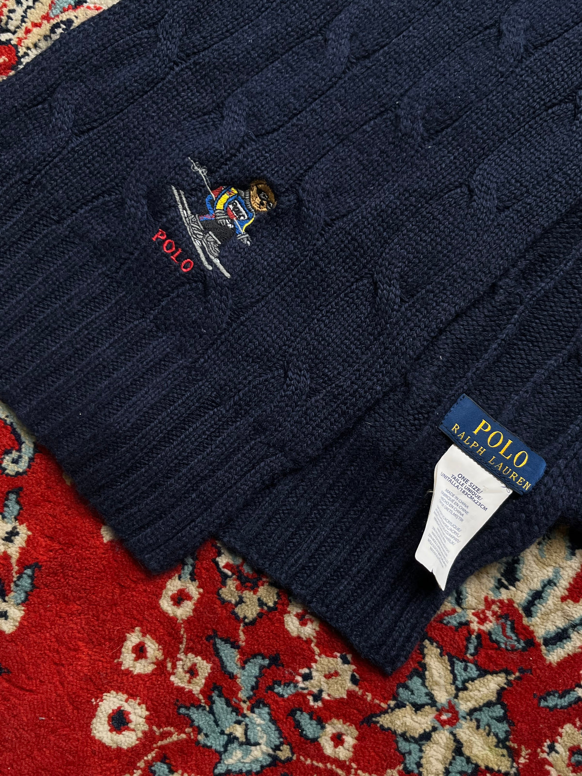 Polo Ralph Lauren Embroidered Ski Bear Navy Blue Knit Scarf