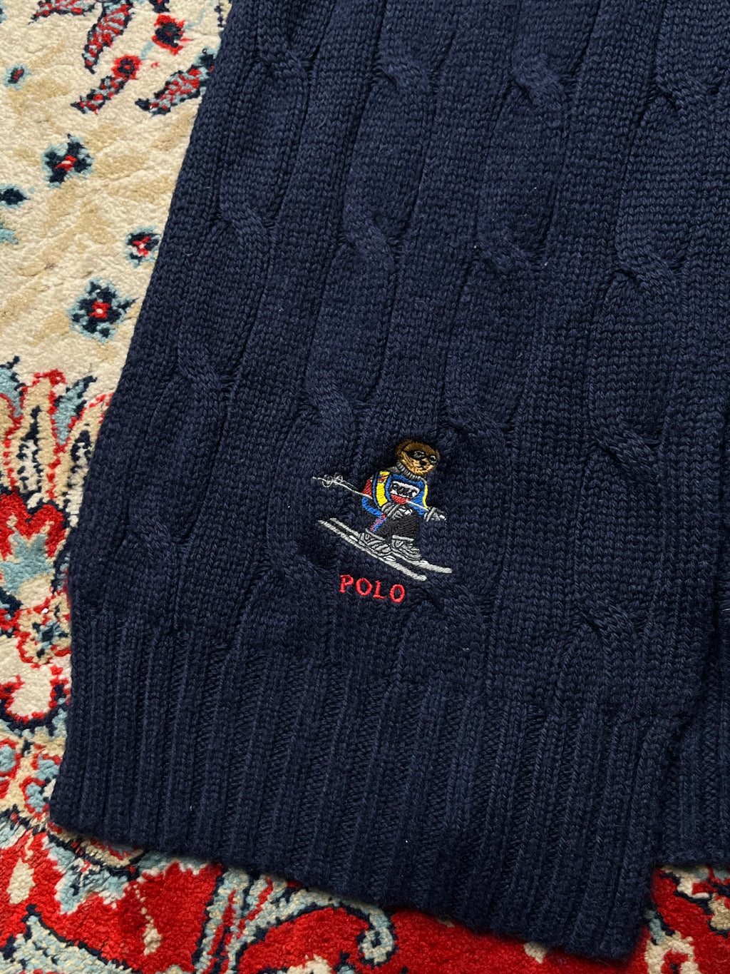 Polo Ralph Lauren Embroidered Ski Bear Navy Blue Knit Scarf