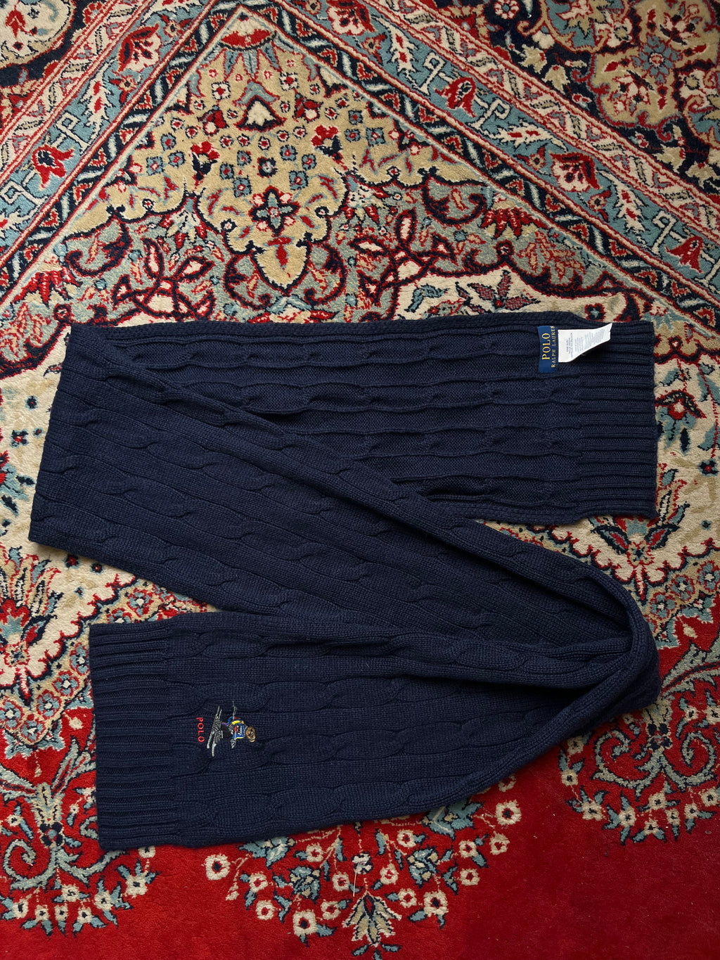 Polo Ralph Lauren Embroidered Ski Bear Navy Blue Knit Scarf