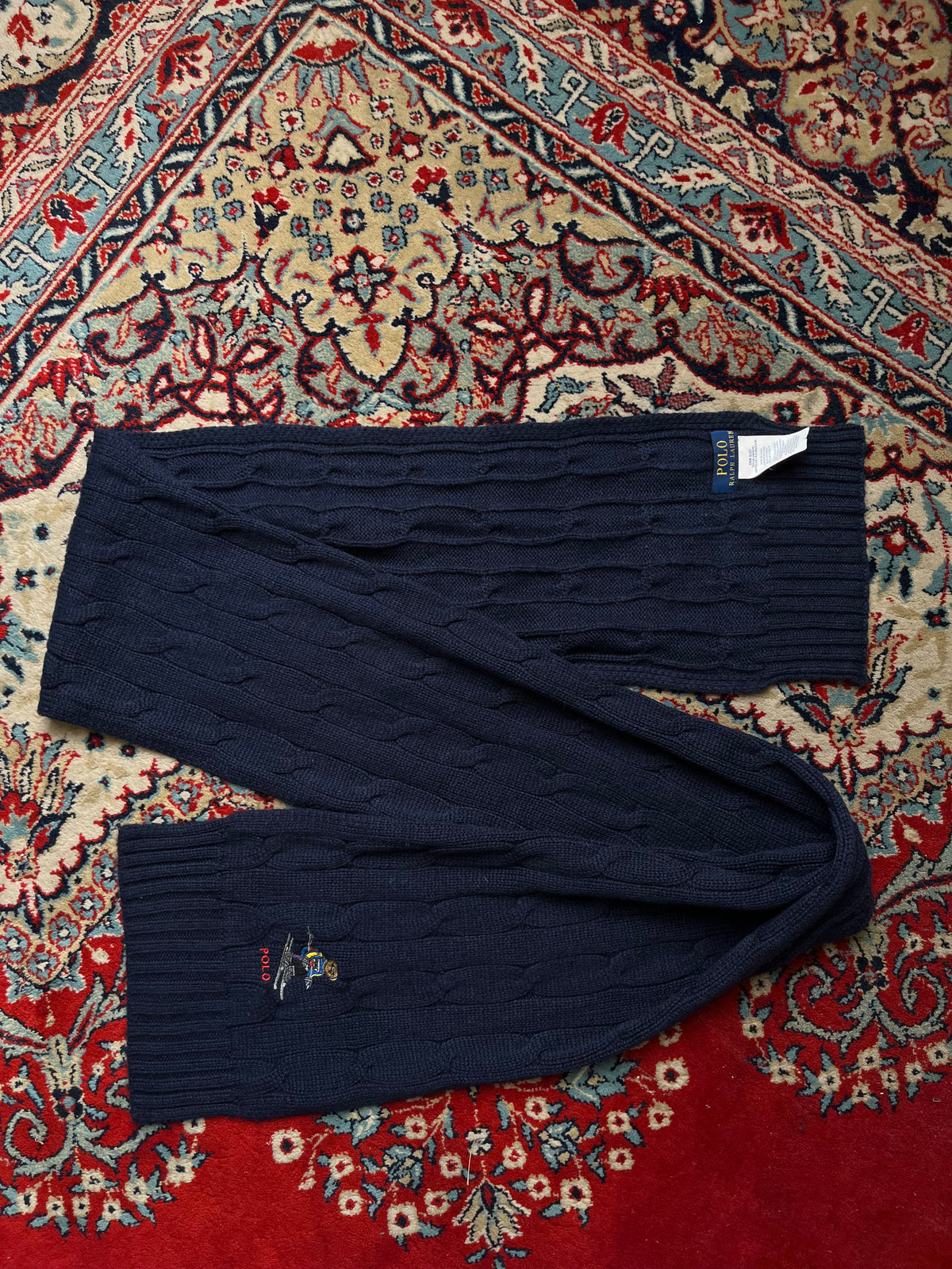 Polo Ralph Lauren Embroidered Ski Bear Navy Blue Knit Scarf