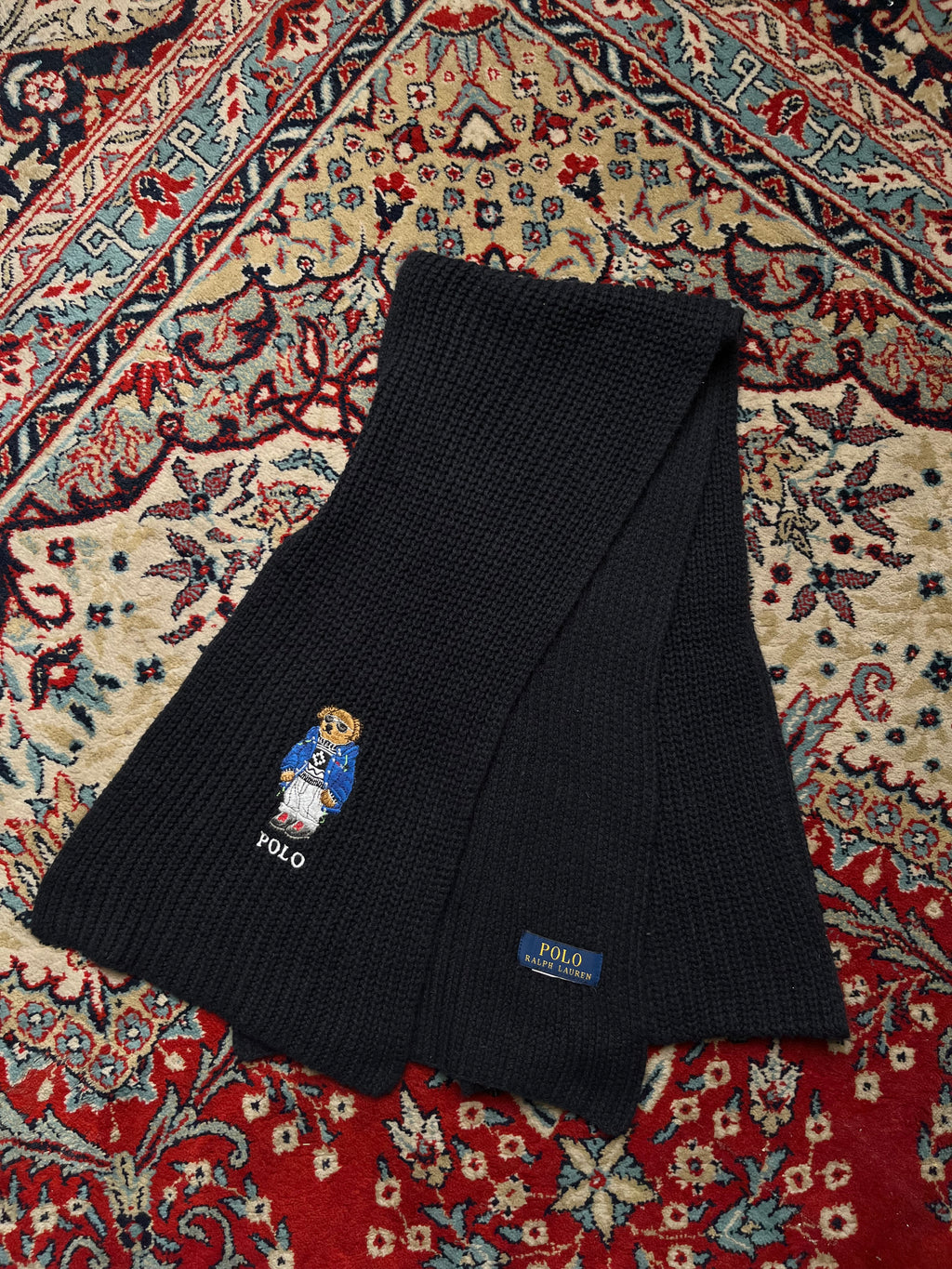 Polo Ralph Lauren Embroidered Puffer Bear Ribbed Knit Navy Scarf