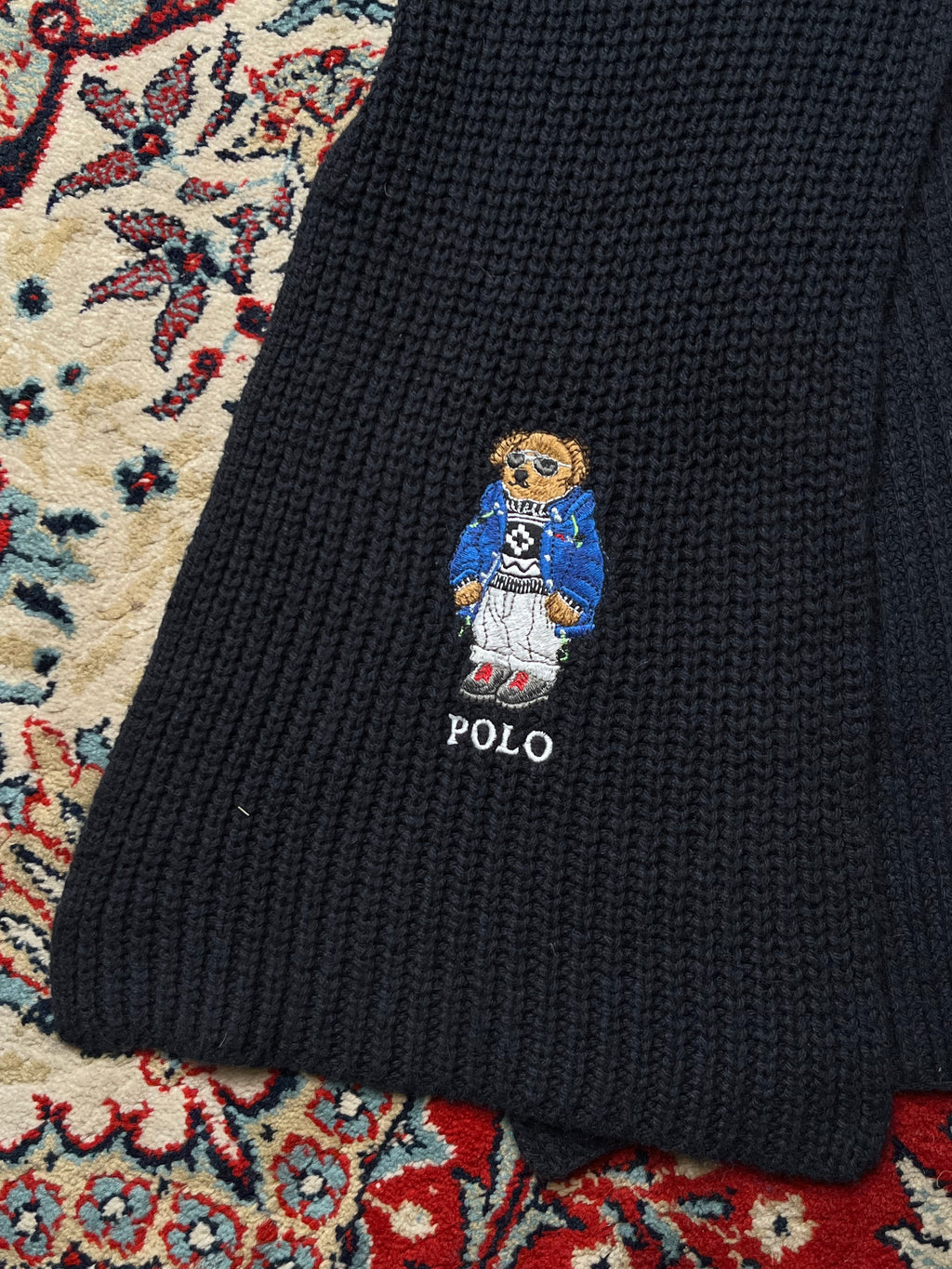 Polo Ralph Lauren Embroidered Puffer Bear Ribbed Knit Navy Scarf