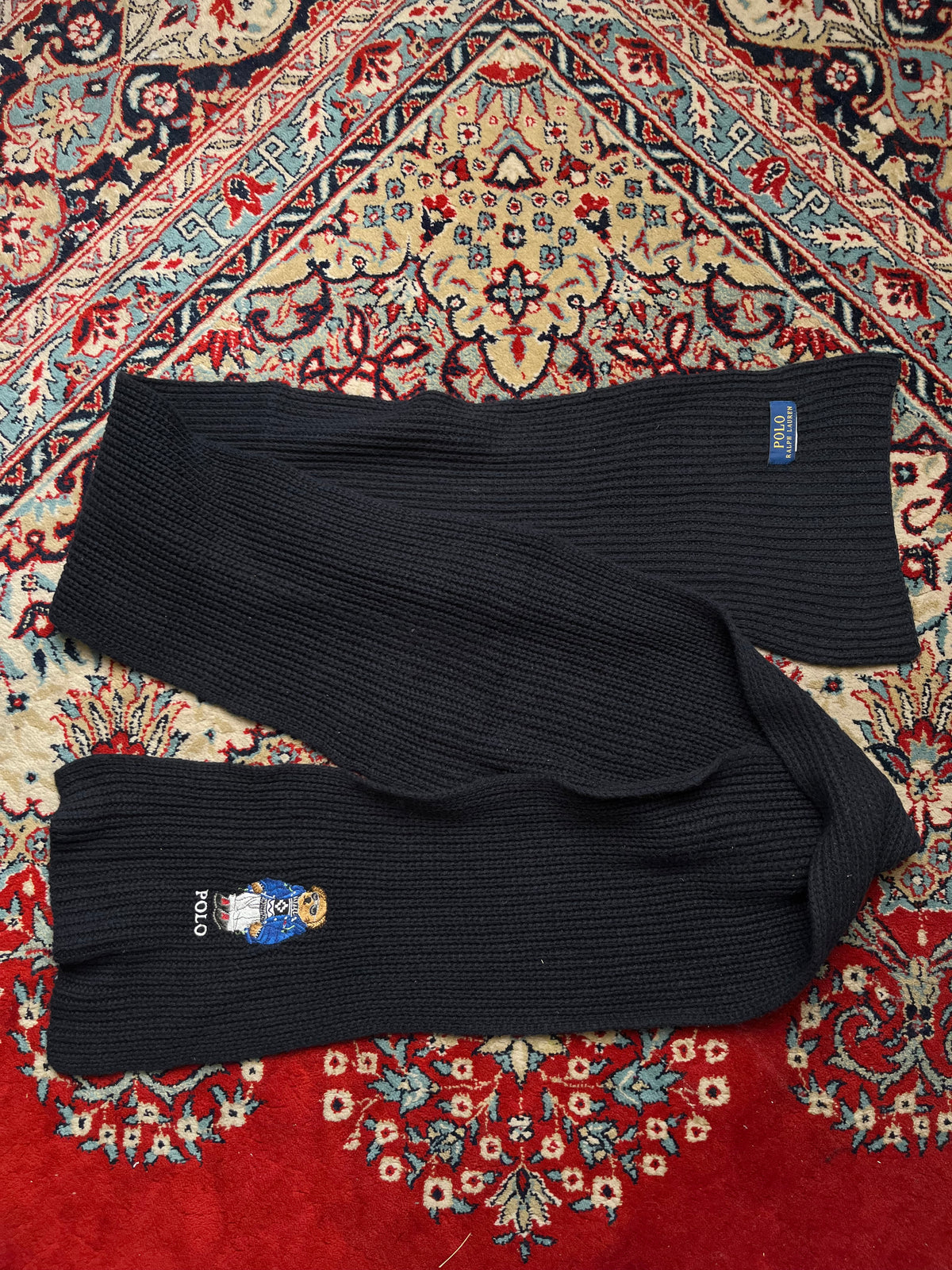 Polo Ralph Lauren Embroidered Puffer Bear Ribbed Knit Navy Scarf
