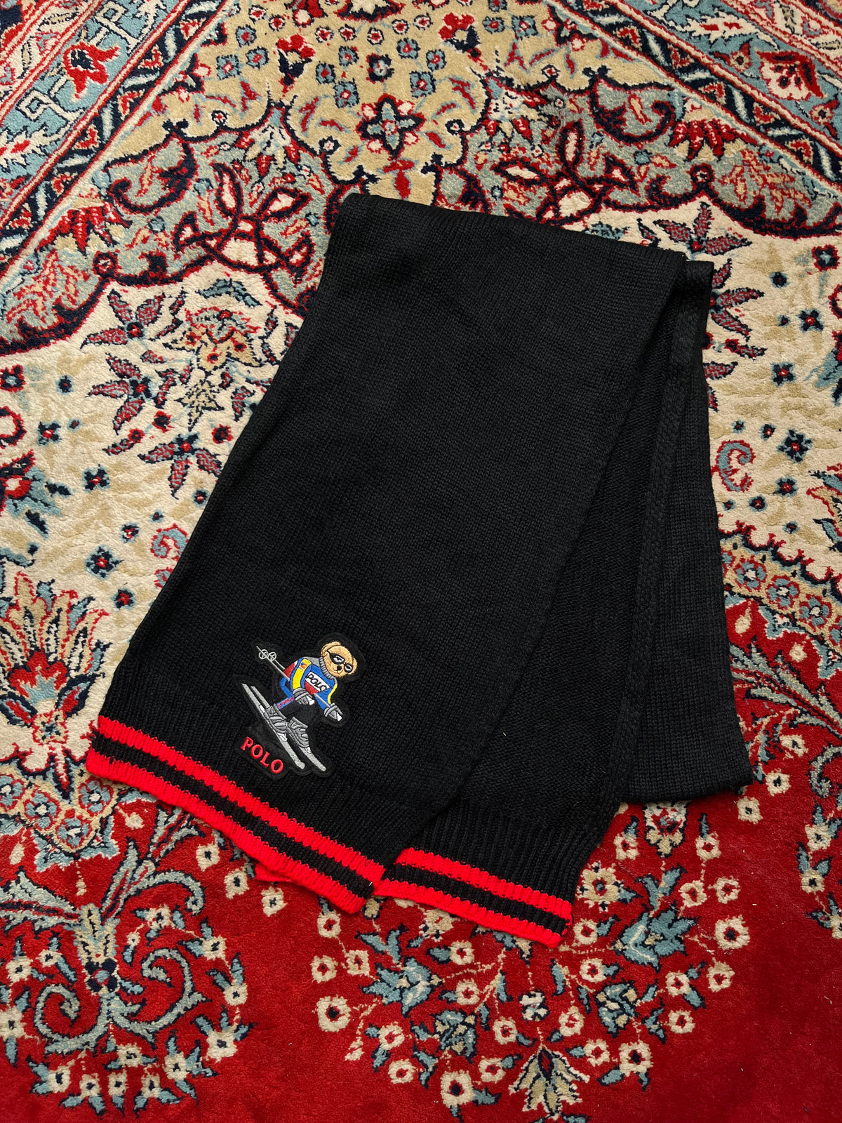 Polo Ralph Lauren Embroidered Downhill Ski Bear Black Red Striped Scarf