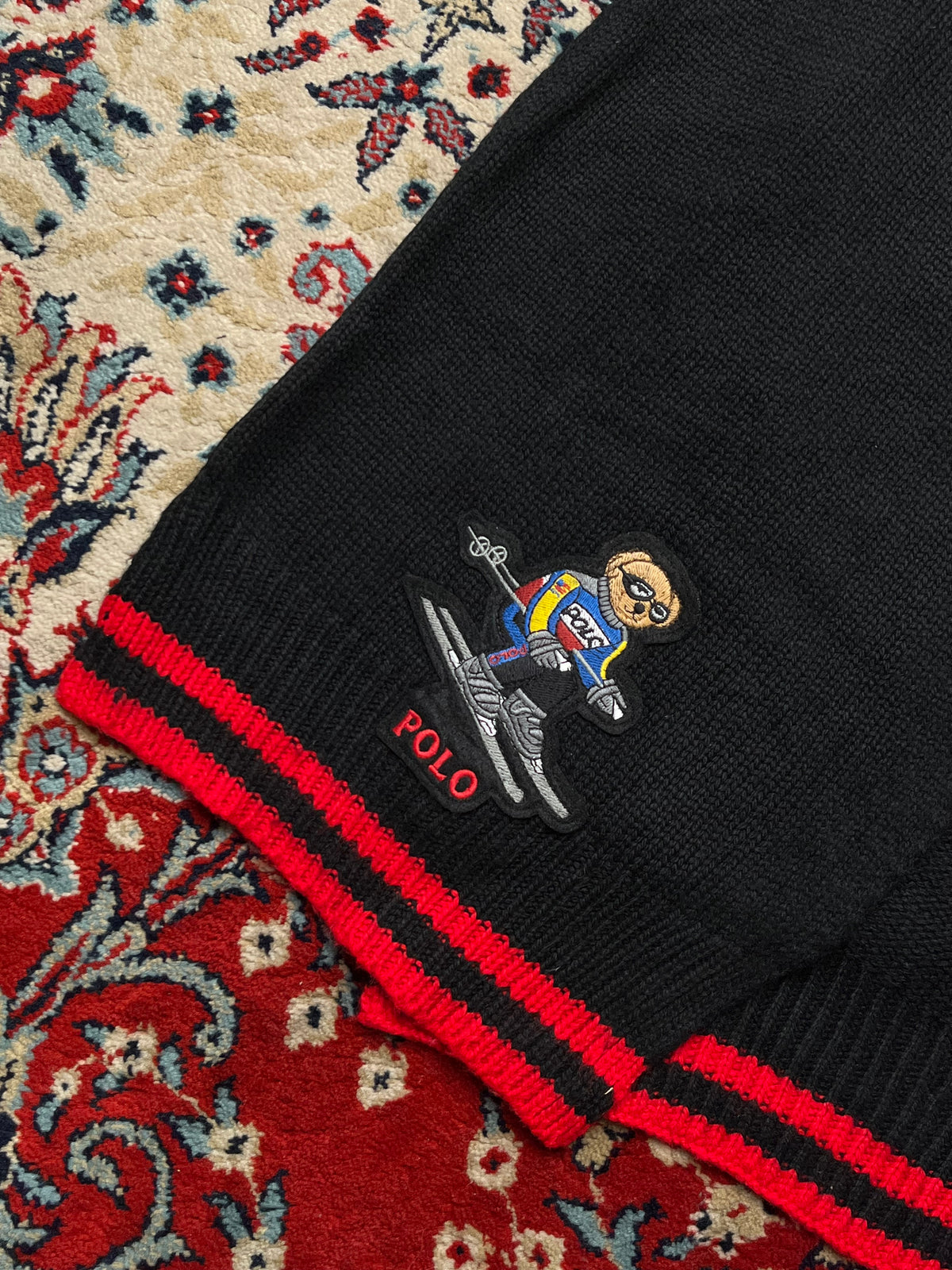 Polo Ralph Lauren Embroidered Downhill Ski Bear Black Red Striped Scarf