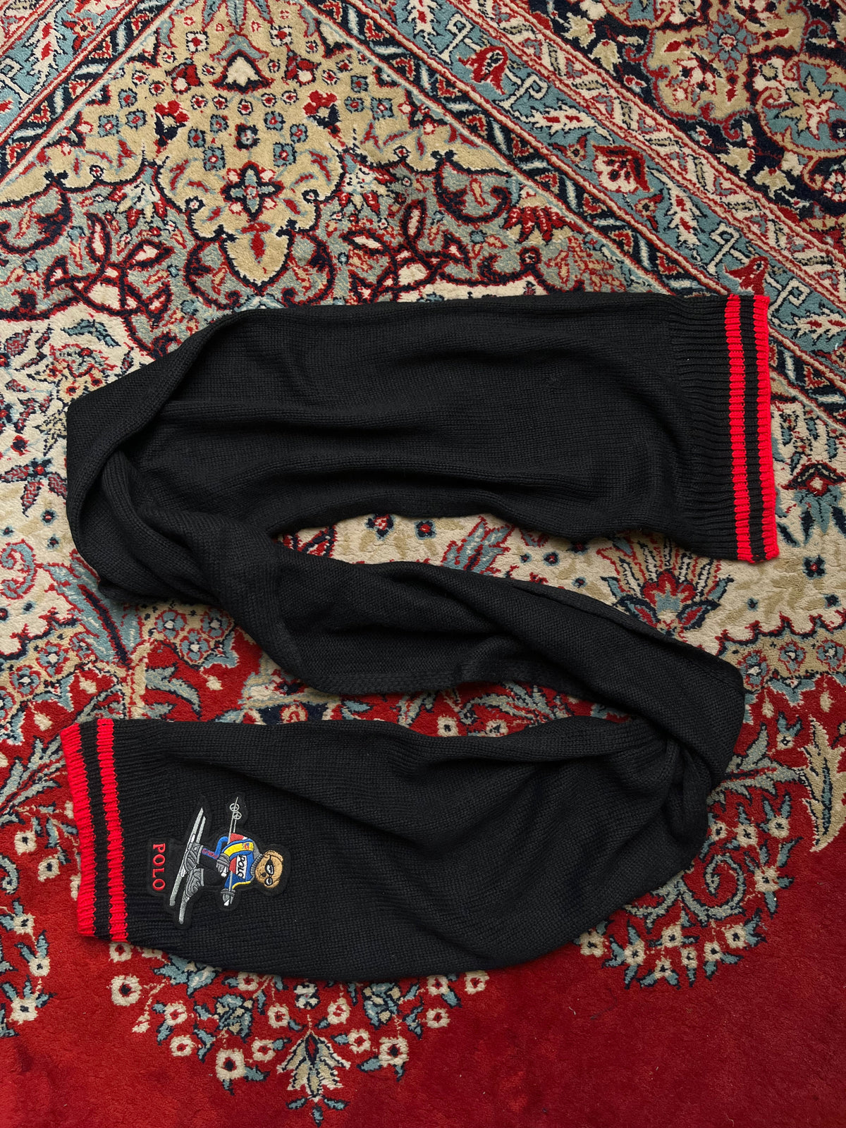 Polo Ralph Lauren Embroidered Downhill Ski Bear Black Red Striped Scarf